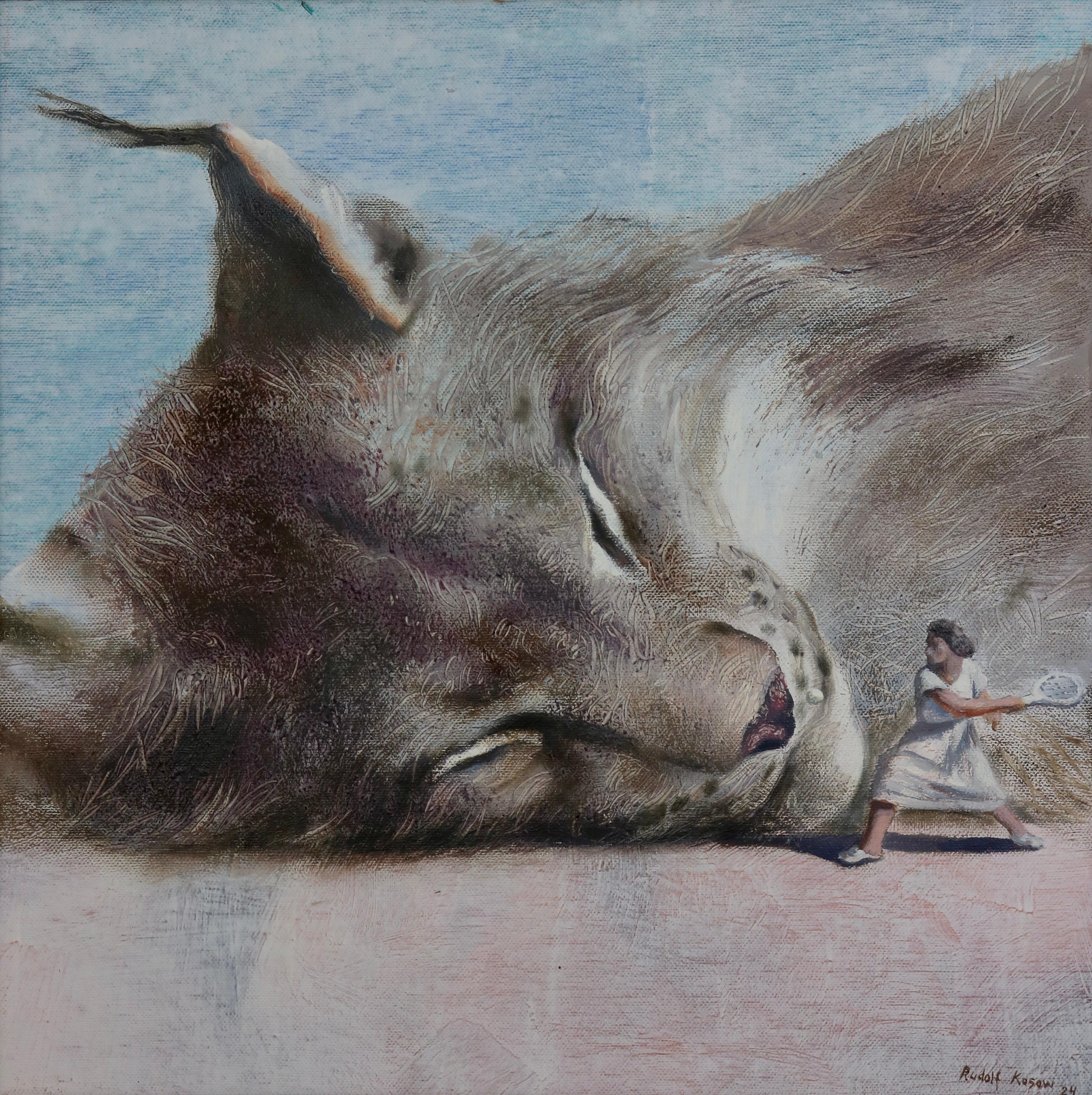 Rudolf Kosow Figurative Painting - Game (bob cat, female tennis player, ball, vintage, animal, surrealist painting
