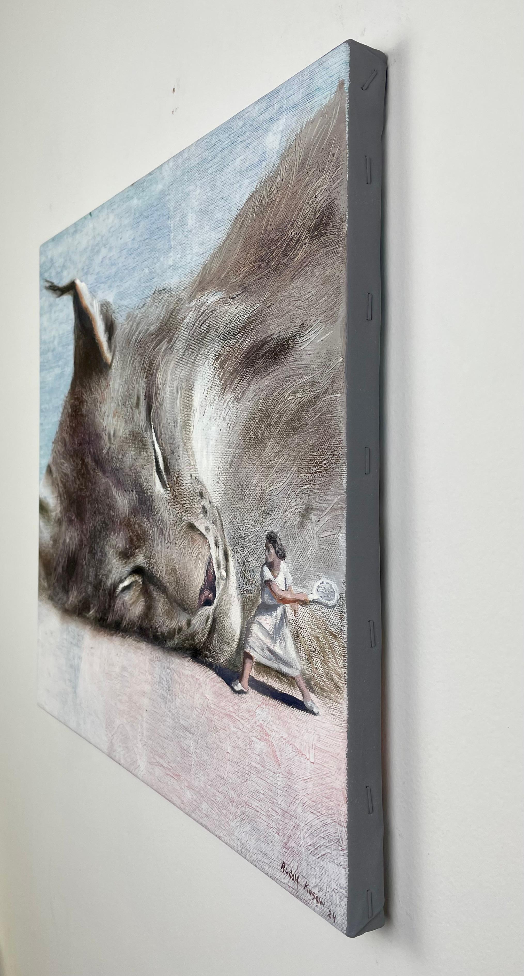In diesem fesselnden Gemälde von Rudolf Kosow wird die Leinwand durch eine surreale und dynamische Begegnung lebendig. Auf den ersten Blick sieht man einen massiven Katzenkopf, der mit einer Ruhe dargestellt ist, die seine ungezähmte Natur verrät.
