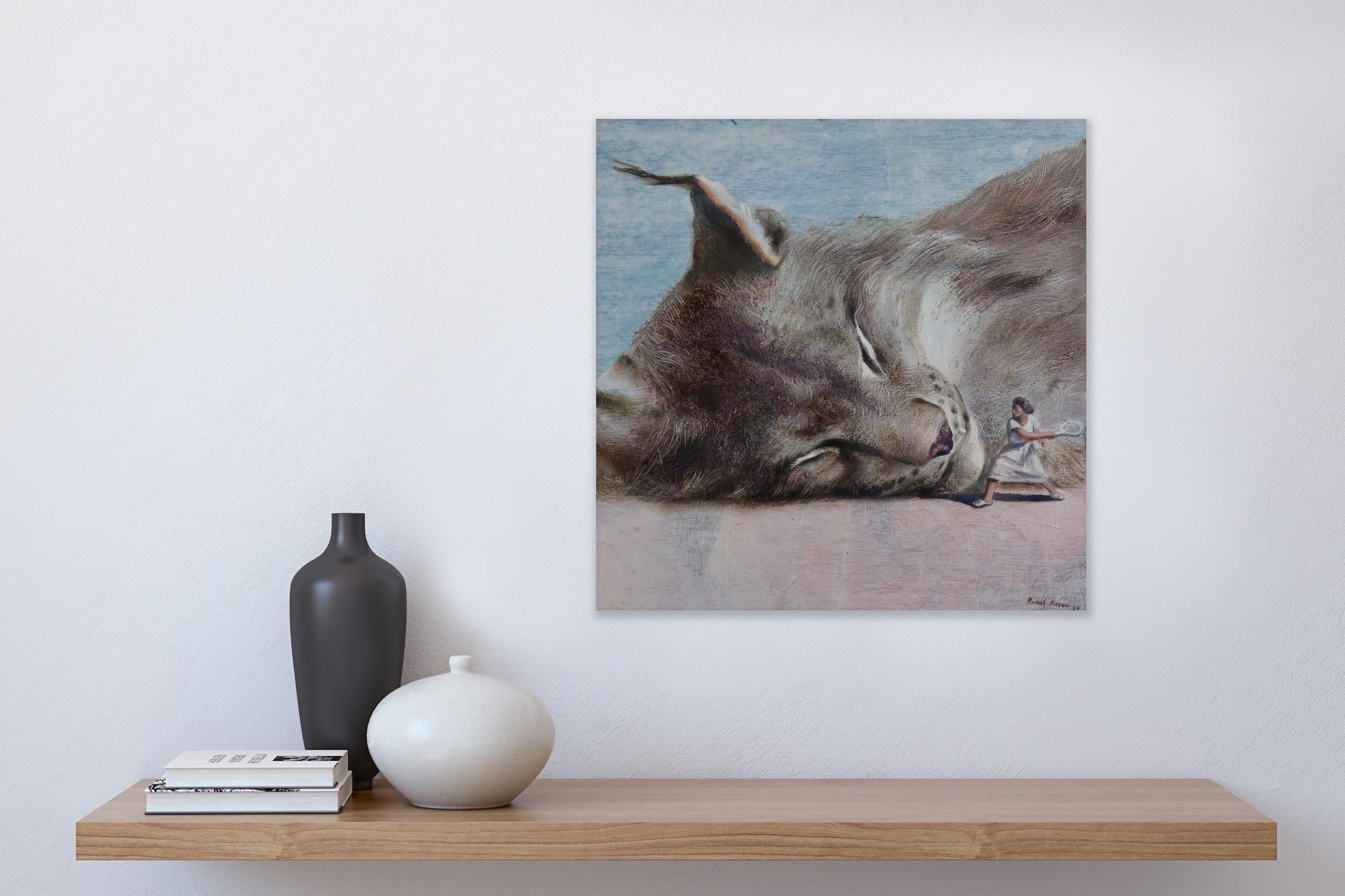 Game (bob cat, female tennis player, ball, vintage, animal, surrealist painting For Sale 1