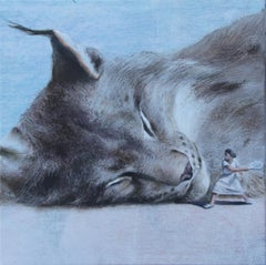 Game (bob cat, female tennis player, ball, vintage, animal, surrealist painting