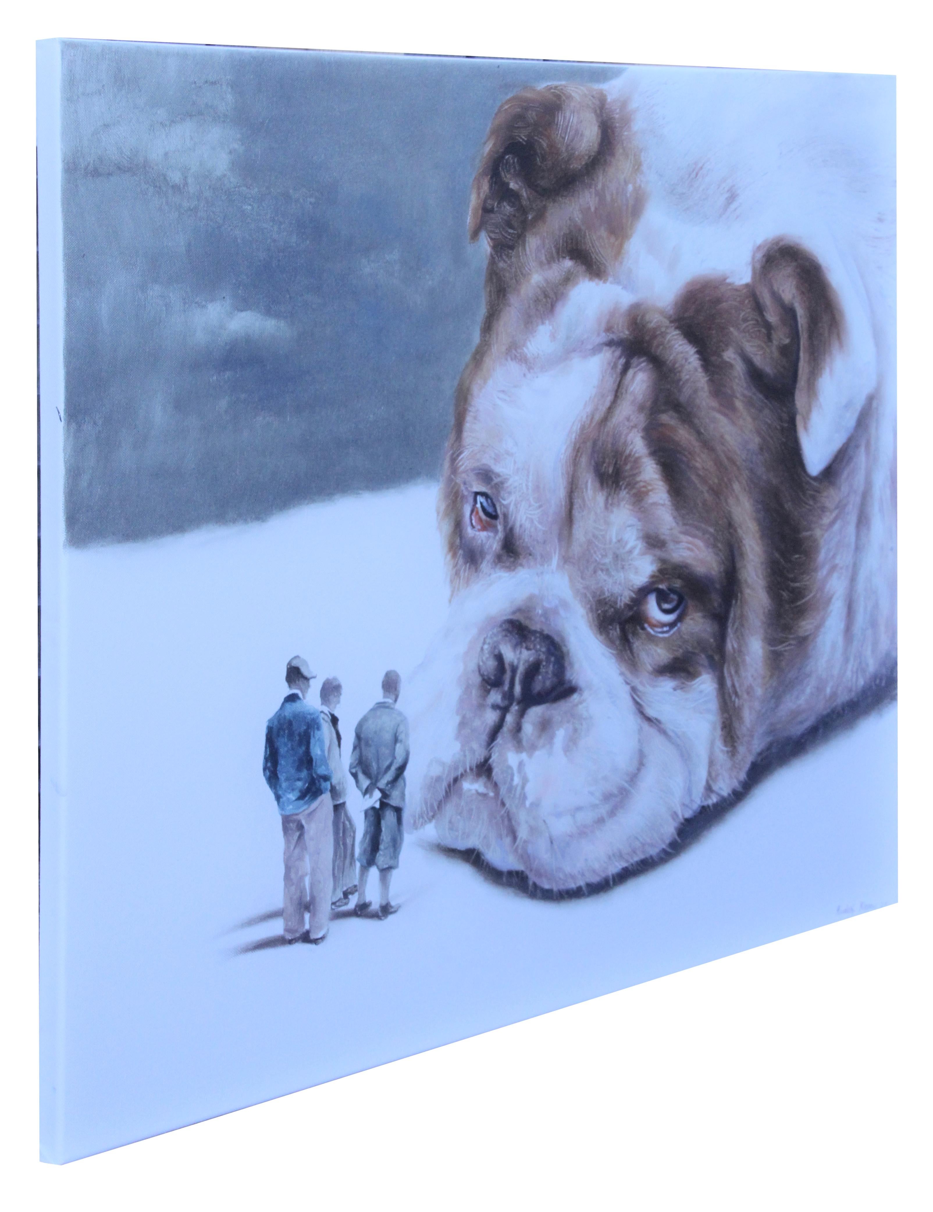 Gloomy (pet english bulldog dog surrealism animal men neutral tones) - Painting by Rudolf Kosow