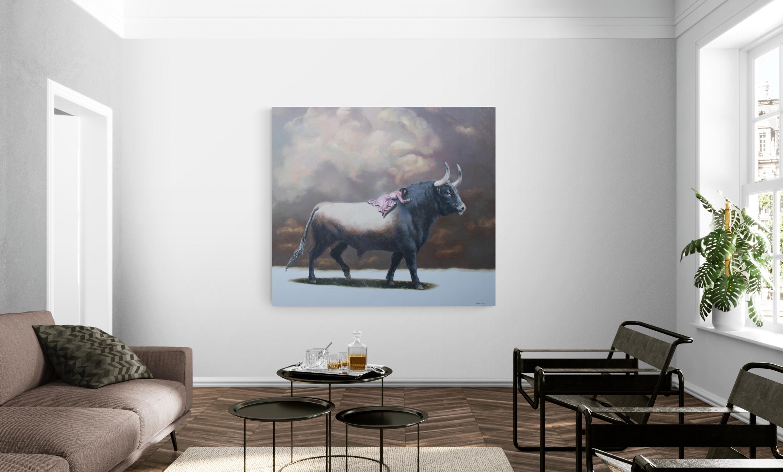 Guardian (Taurus Stier Ölgemälde Wolken surrealistische Dame in rosa Gewand Tier) – Painting von Rudolf Kosow