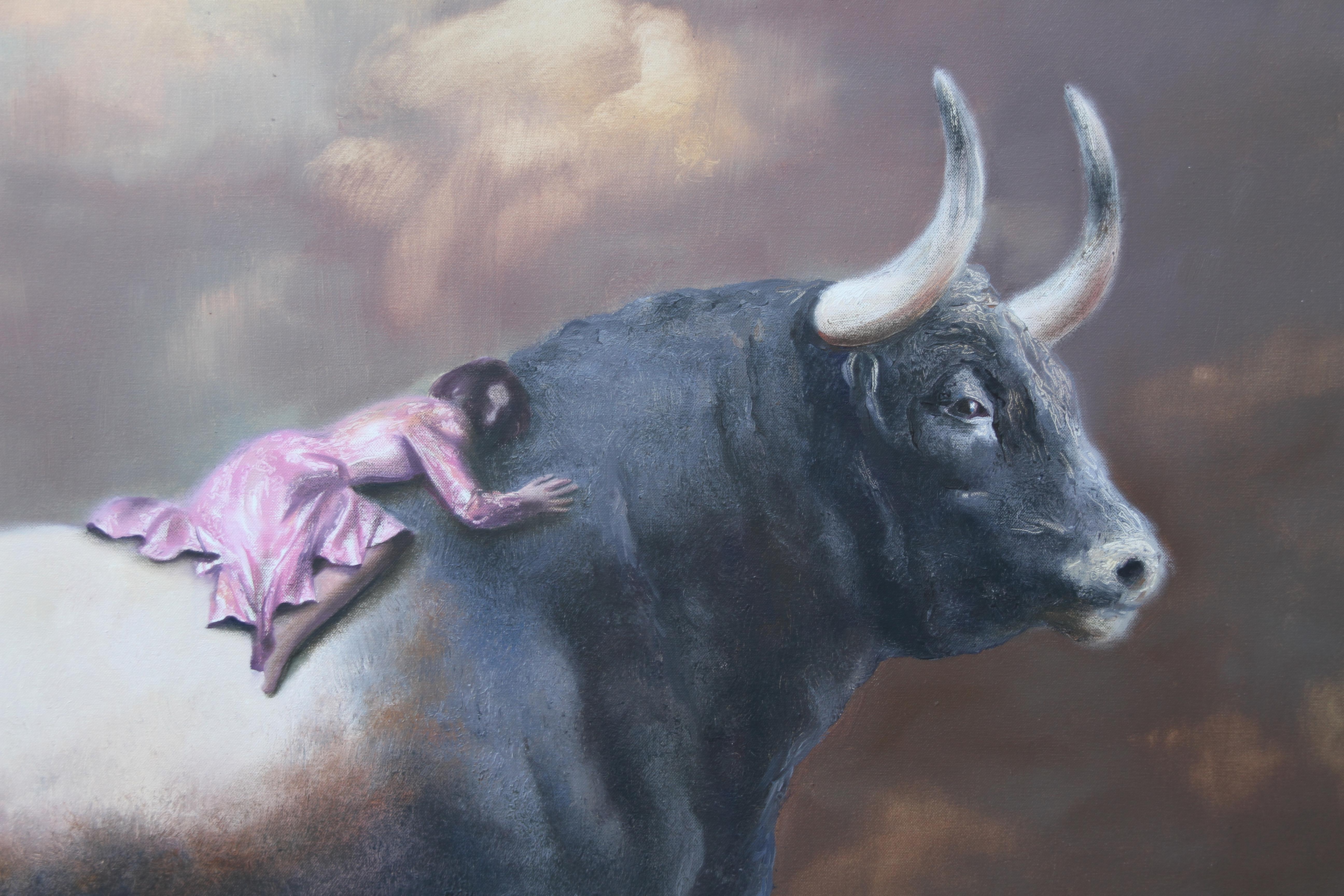 Guardian (Taurus Stier Ölgemälde Wolken surrealistische Dame in rosa Gewand Tier) (Surrealismus), Painting, von Rudolf Kosow