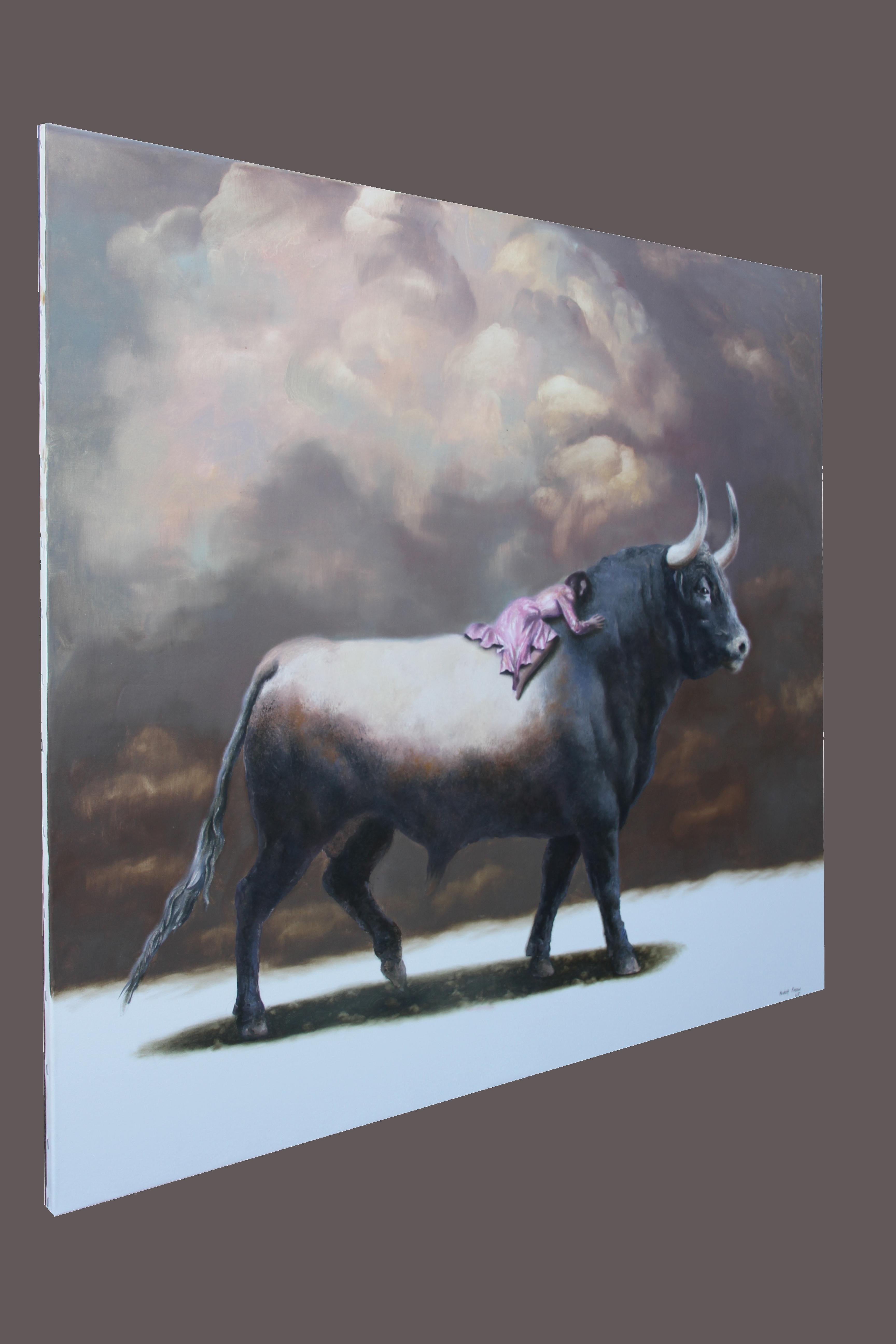 Guardian (Taurus Stier Ölgemälde Wolken surrealistische Dame in rosa Gewand Tier) im Angebot 2