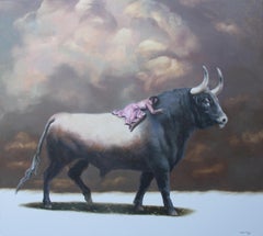 Guardiano (toro Taurus pittura ad olio nuvole surrealista signora in tunica rosa animale)