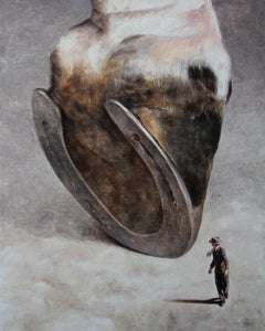 Happening II (horseshoe farm animal equestrian man oil painting vintage)