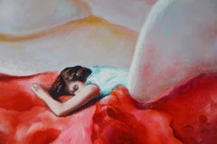 Happy (Young lady on a cake strawberry dessert vintage figurative oil painting)