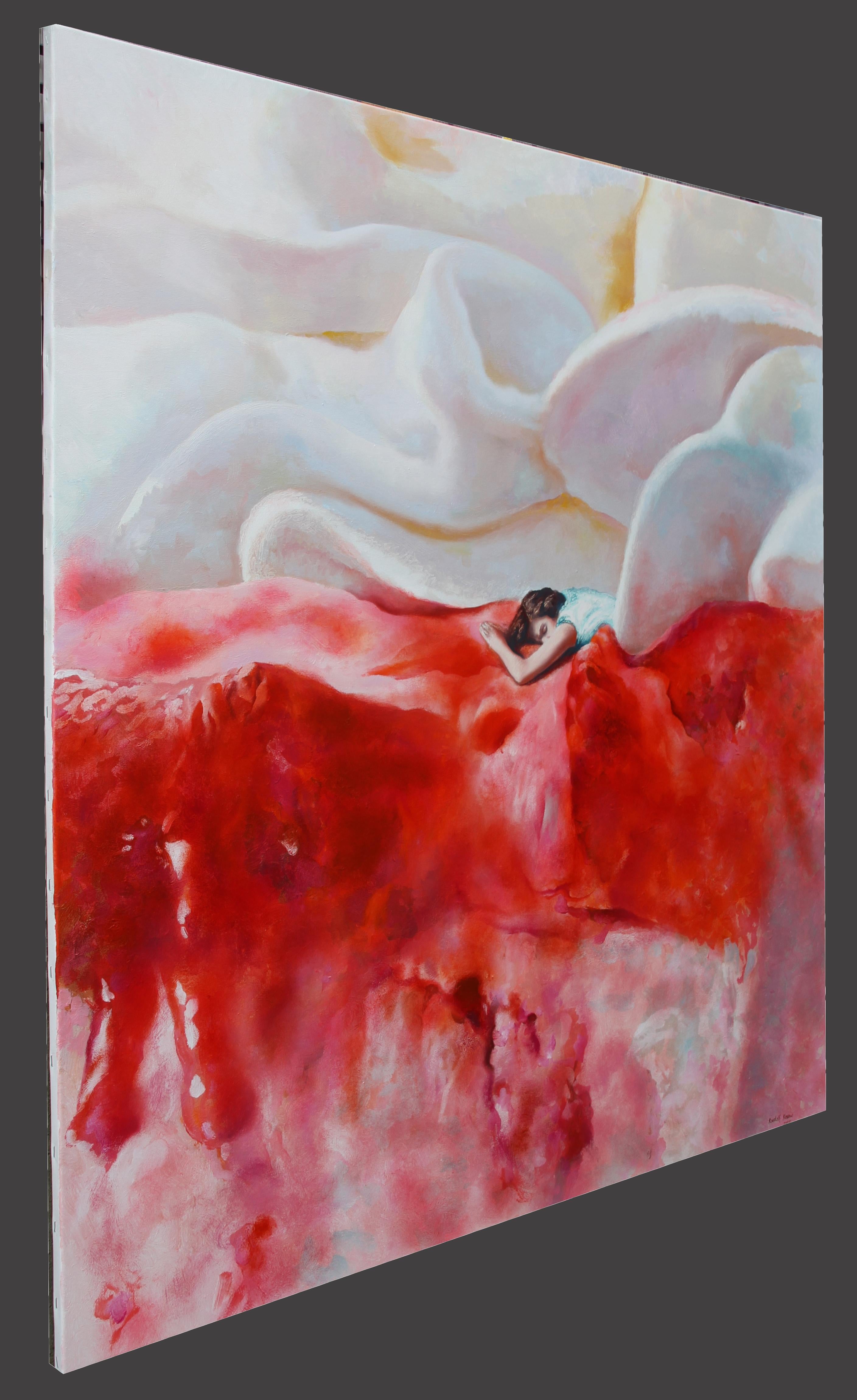 Feliz (Joven sobre una tarta postre de fresa pintura al óleo figurativa vintage) en venta 1