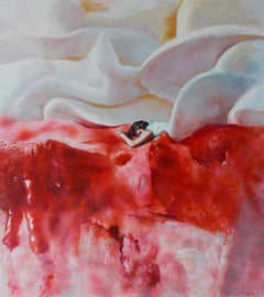 Happy (Young lady on a cake strawberry dessert vintage figurative oil painting)