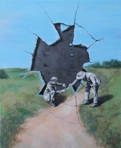 Here Too, Isn’t It George (surreal painting vintage crack in the blue sky grass)