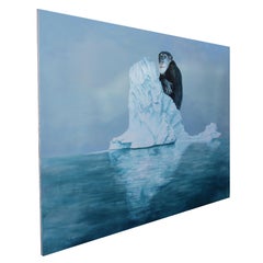 HERMIT (peinture à l'huile surréaliste bleu arctique représentant un singe chimpanzé flottant sur un iceberg)