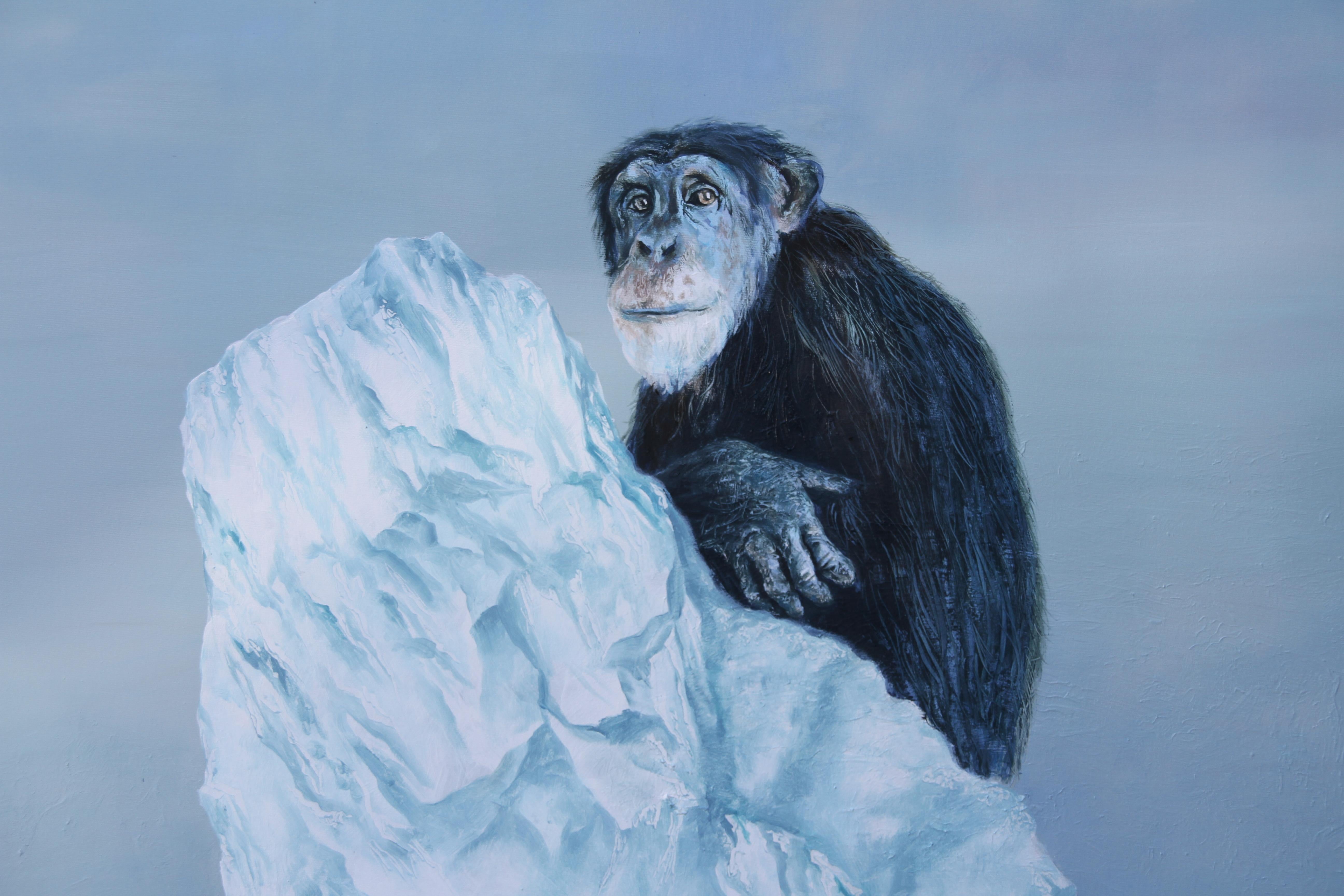 HERMIT (scimmia scimpanzé alla deriva, iceberg blu artico, pittura ad olio surrealista) - Painting Surrealismo di Rudolf Kosow