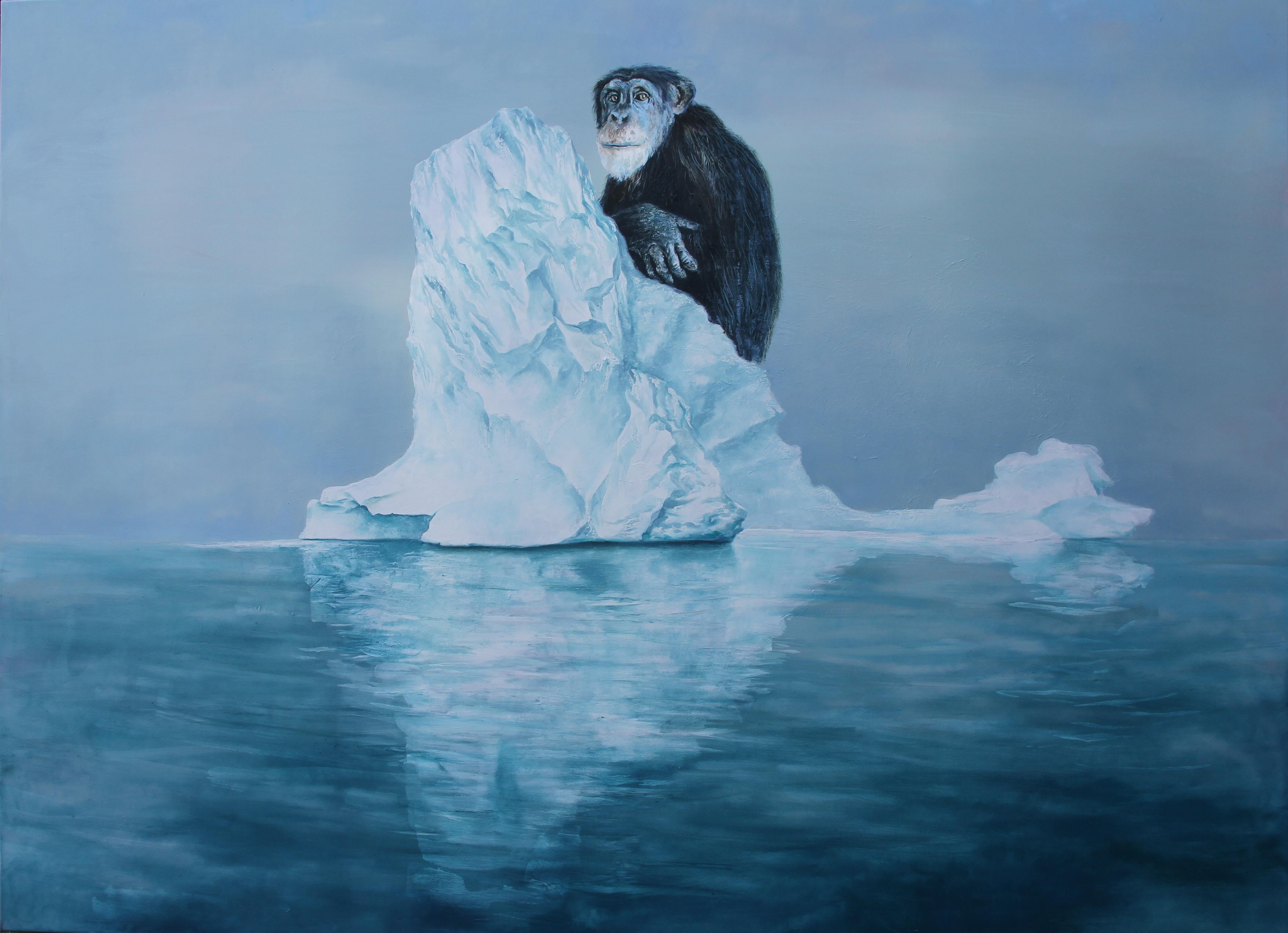 Animal Painting di Rudolf Kosow - HERMIT (scimmia scimpanzé alla deriva, iceberg blu artico, pittura ad olio surrealista)