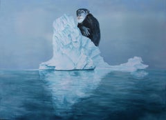 HERMIT (chimpanzee Affen, der auf dem Eisberg schweben, arctic blue, surrealistisches Ölgemälde)