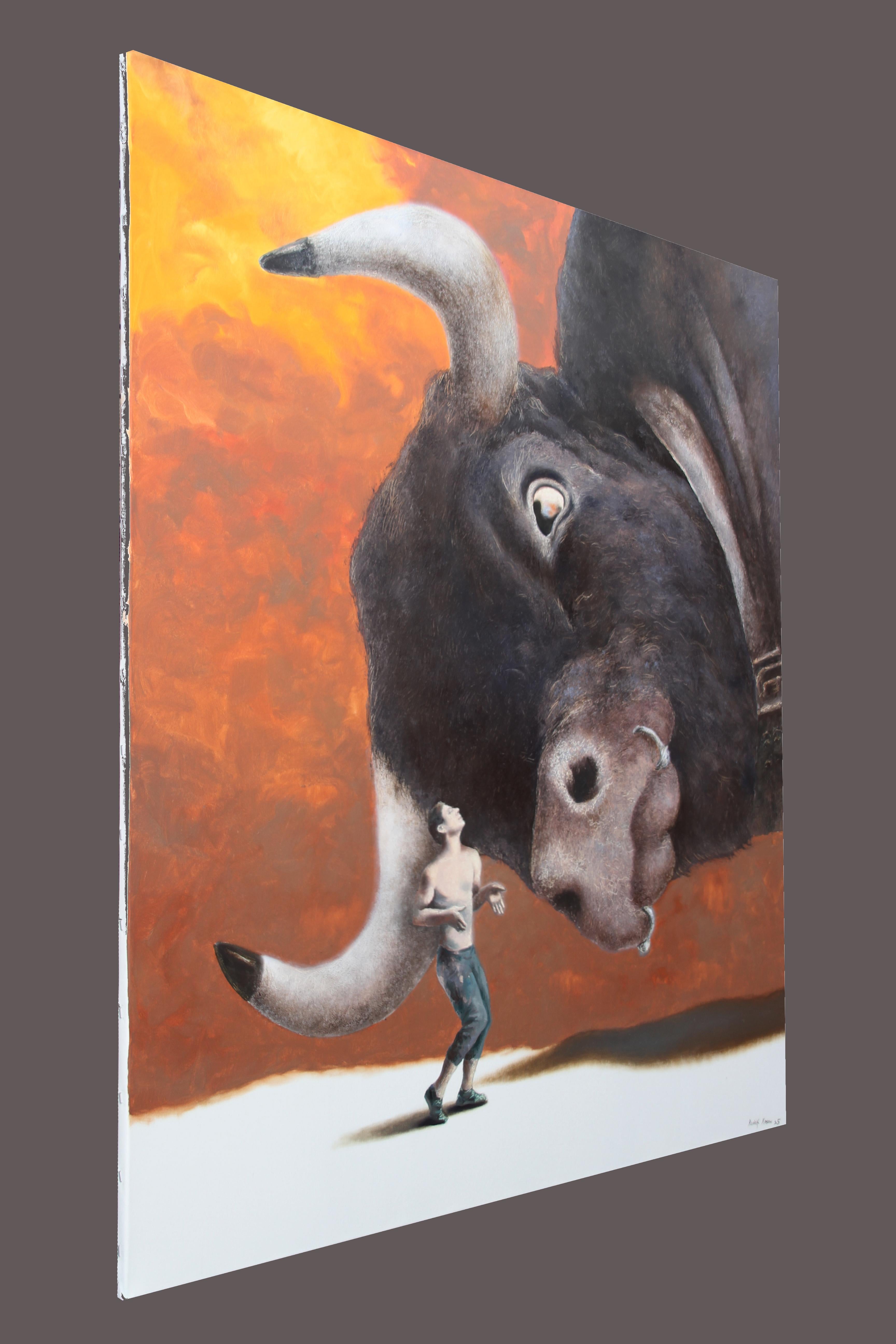 Hipster (surrealistisches Ölgemälde Stier Feuer roter Himmel Mann braunes Tier) (Surrealismus), Painting, von Rudolf Kosow