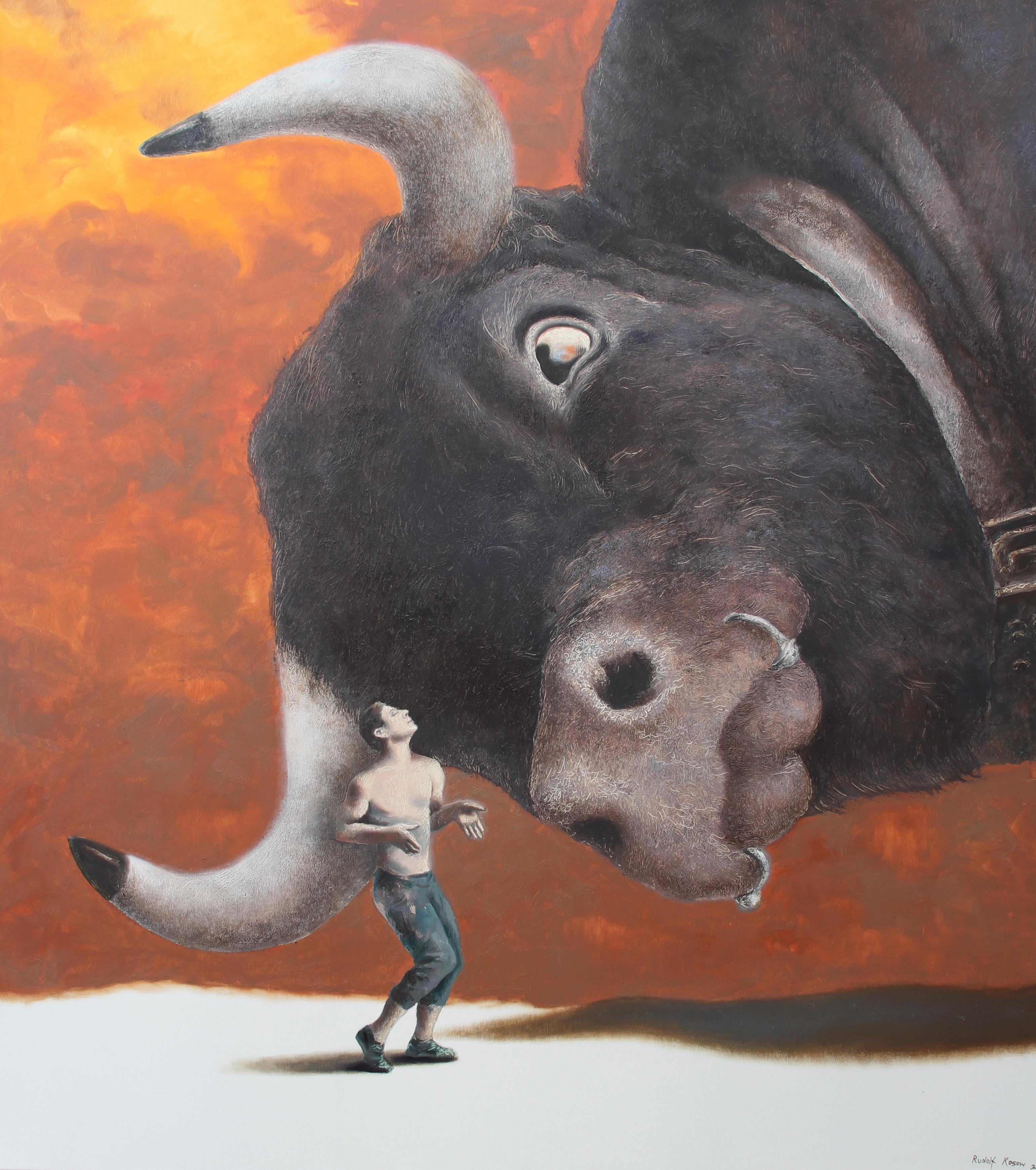 Hipster (surrealist oil painting bull Fire red sky man brown animal)