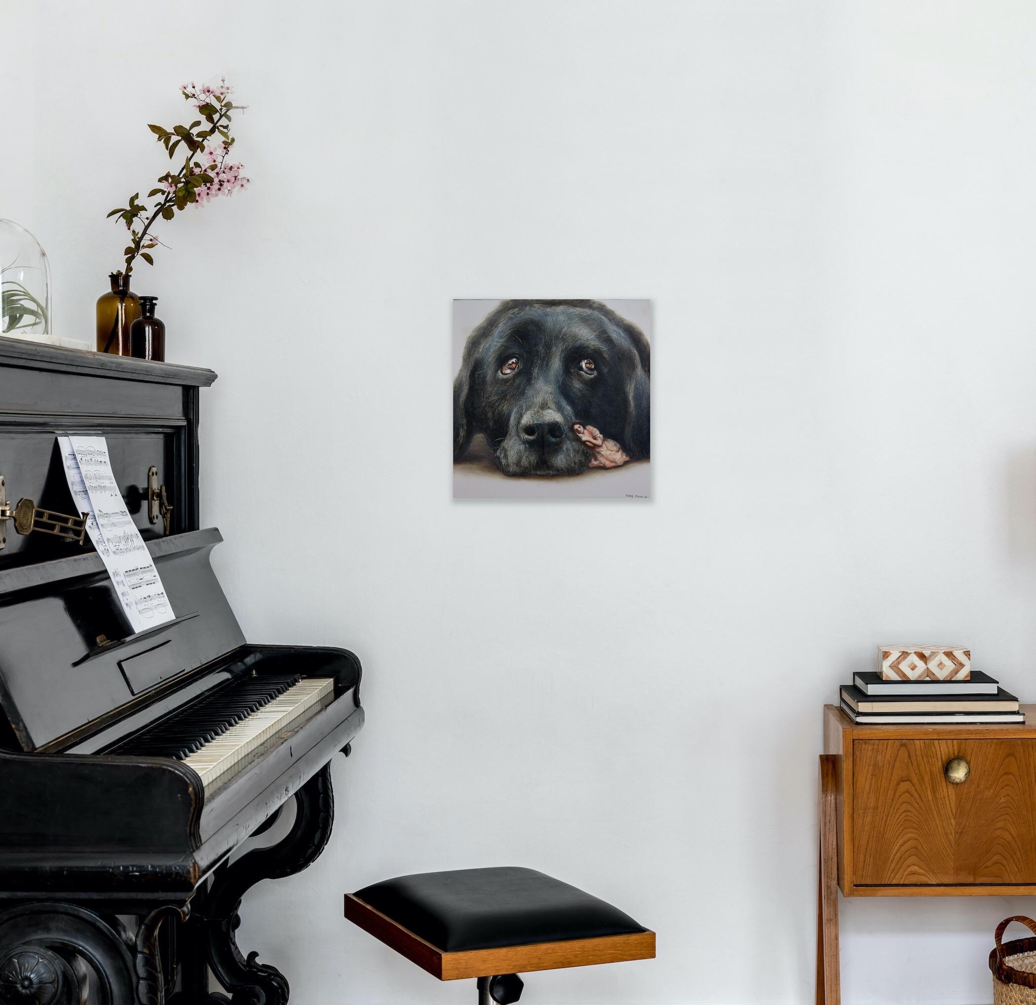 Hopeful (black labrador, dog pet, woman, vintage, animal, surrealist painting) For Sale 6