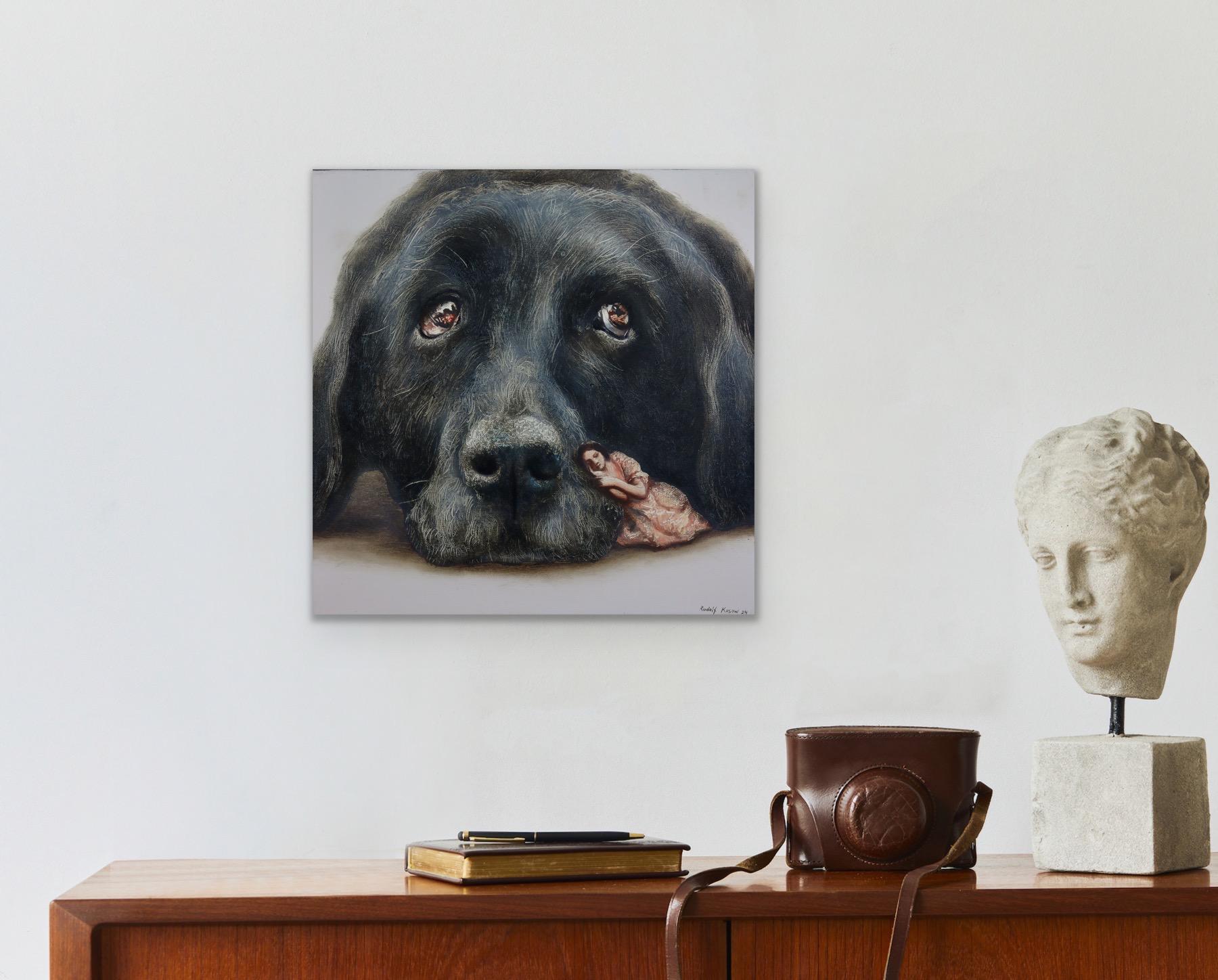 Hopeful (black labrador, dog pet, woman, vintage, animal, surrealist painting) For Sale 7