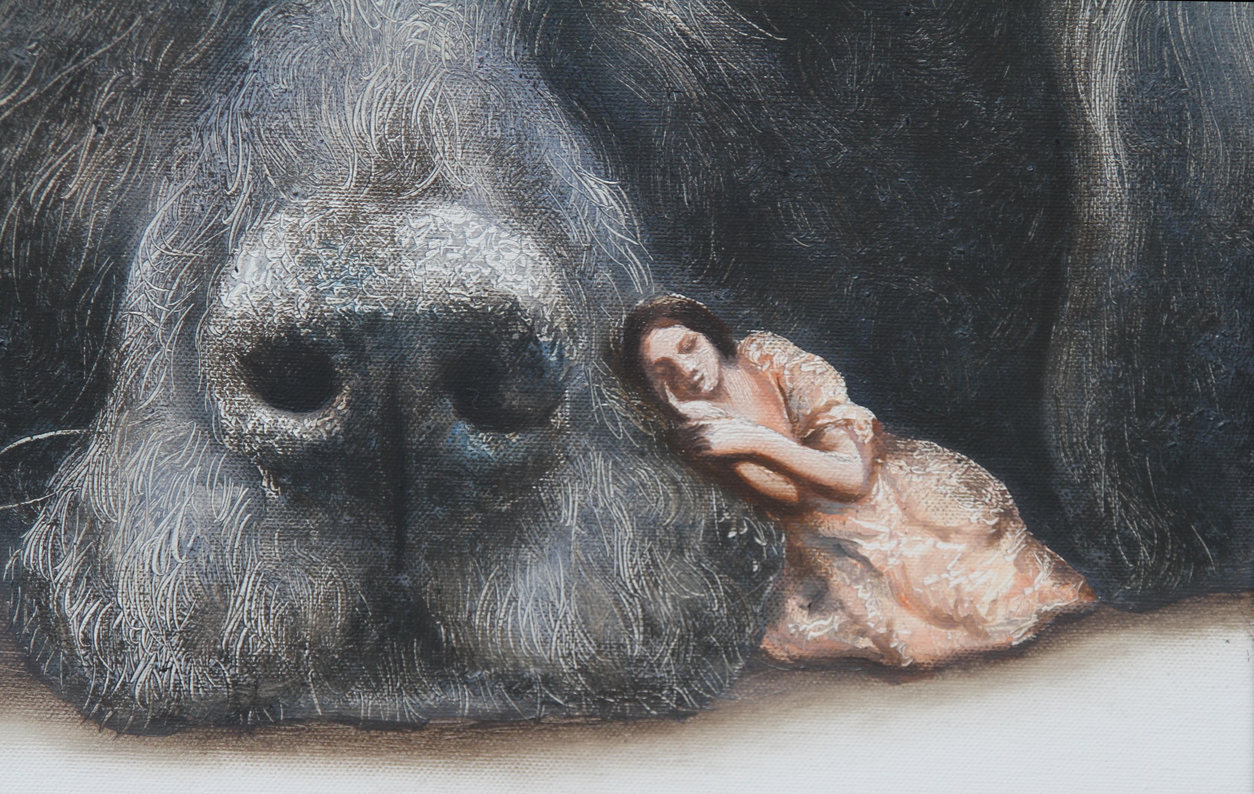 Hopeful (black labrador, dog pet, woman, vintage, animal, surrealist painting) - Surrealist Painting by Rudolf Kosow