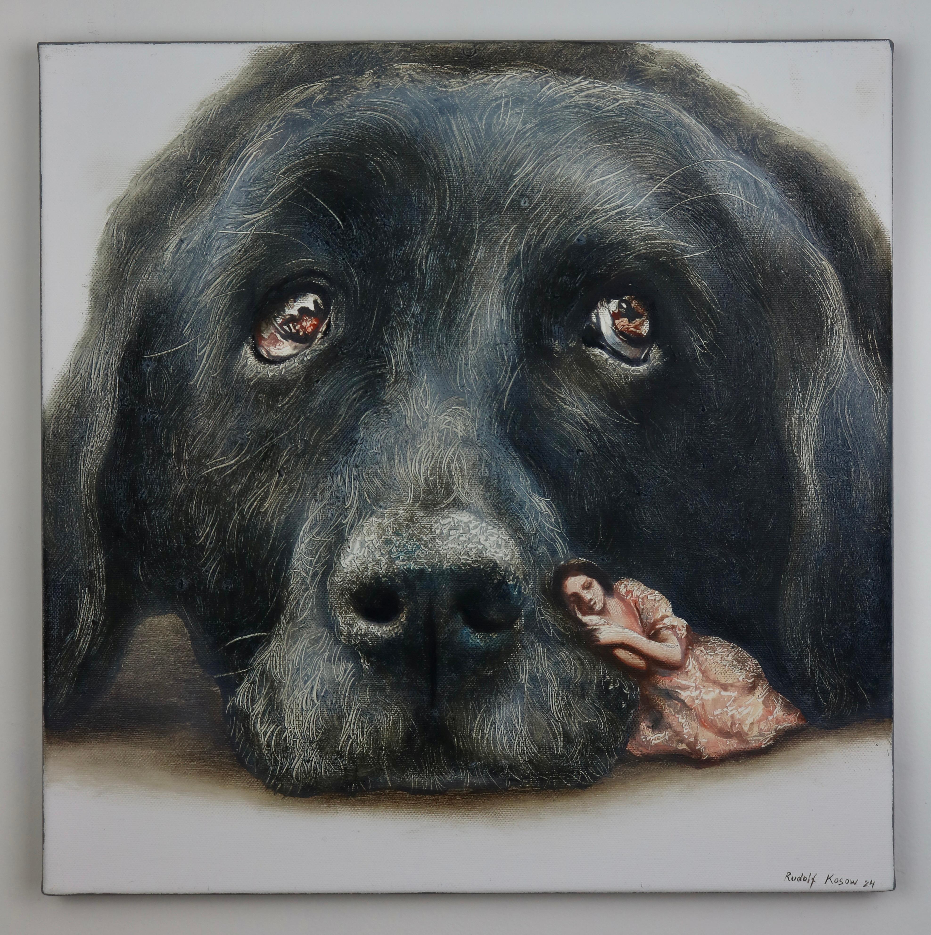 In this moving piece by Rudolf Kosow, the canvas captures a tender and intimate moment between species. The focus is a deeply expressive black dog, portrayed with a level of detail that brings out the soulful nature of its eyes and the rich texture