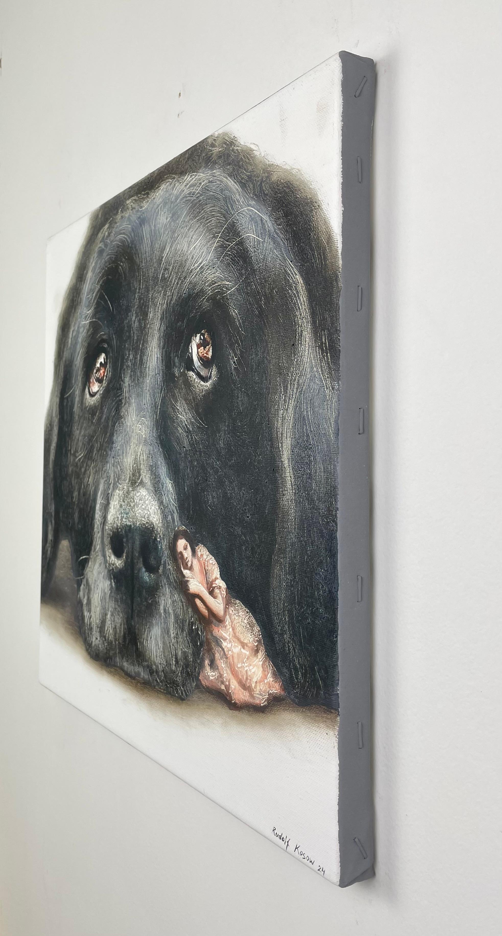 Hopeful (black labrador, dog pet, woman, vintage, animal, surrealist painting) For Sale 2