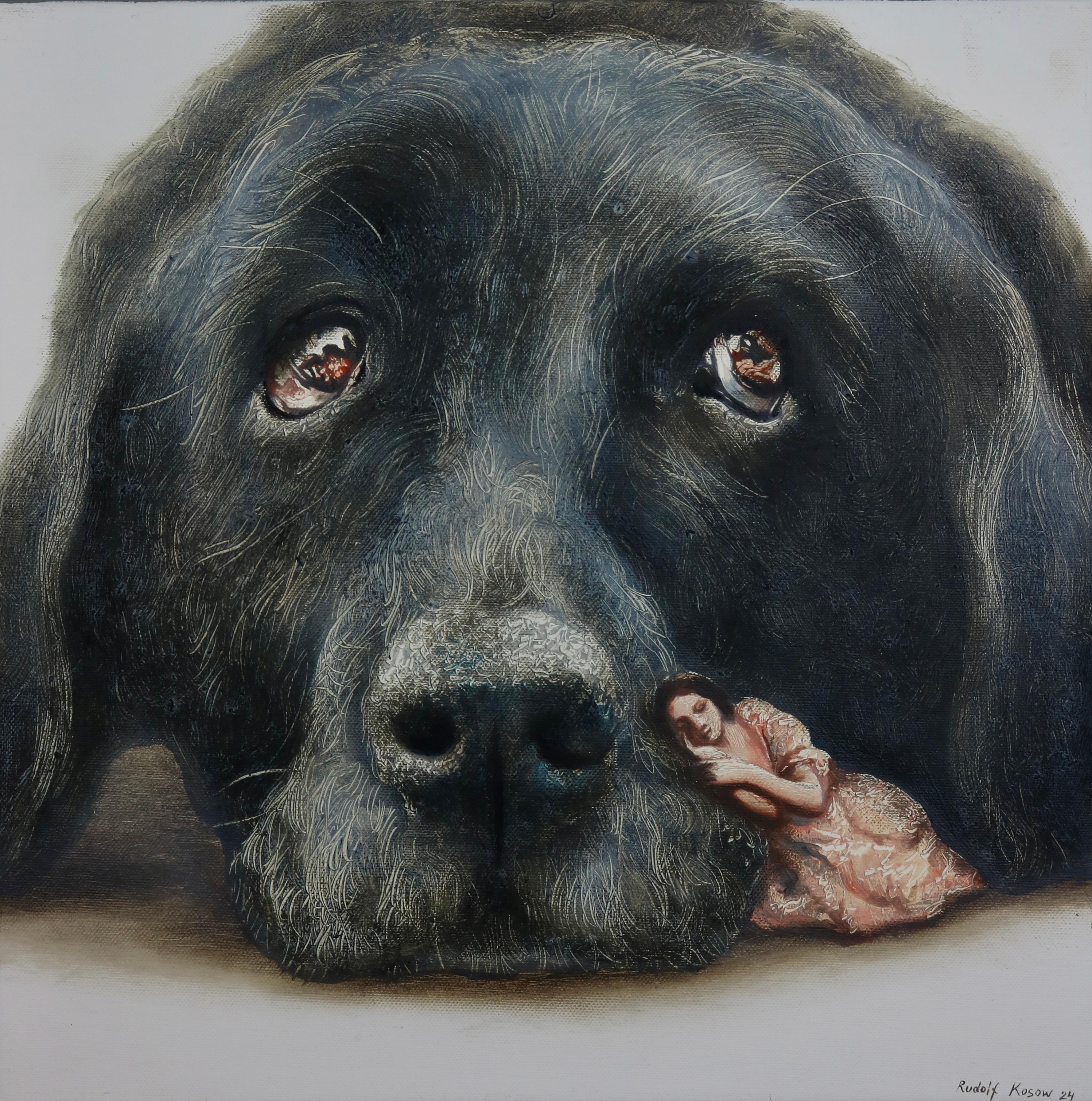 Rudolf Kosow Animal Painting - Hopeful (black labrador, dog pet, woman, vintage, animal, surrealist painting)