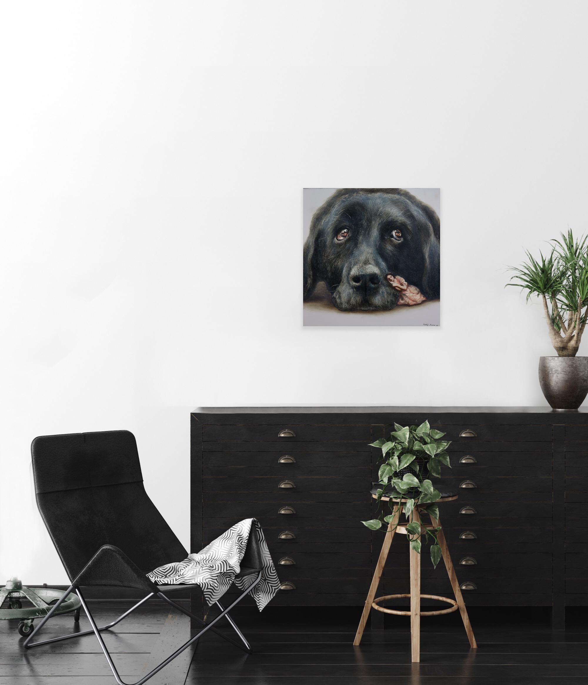 Hopeful (black labrador, dog pet, woman, vintage, animal, surrealist painting) For Sale 3
