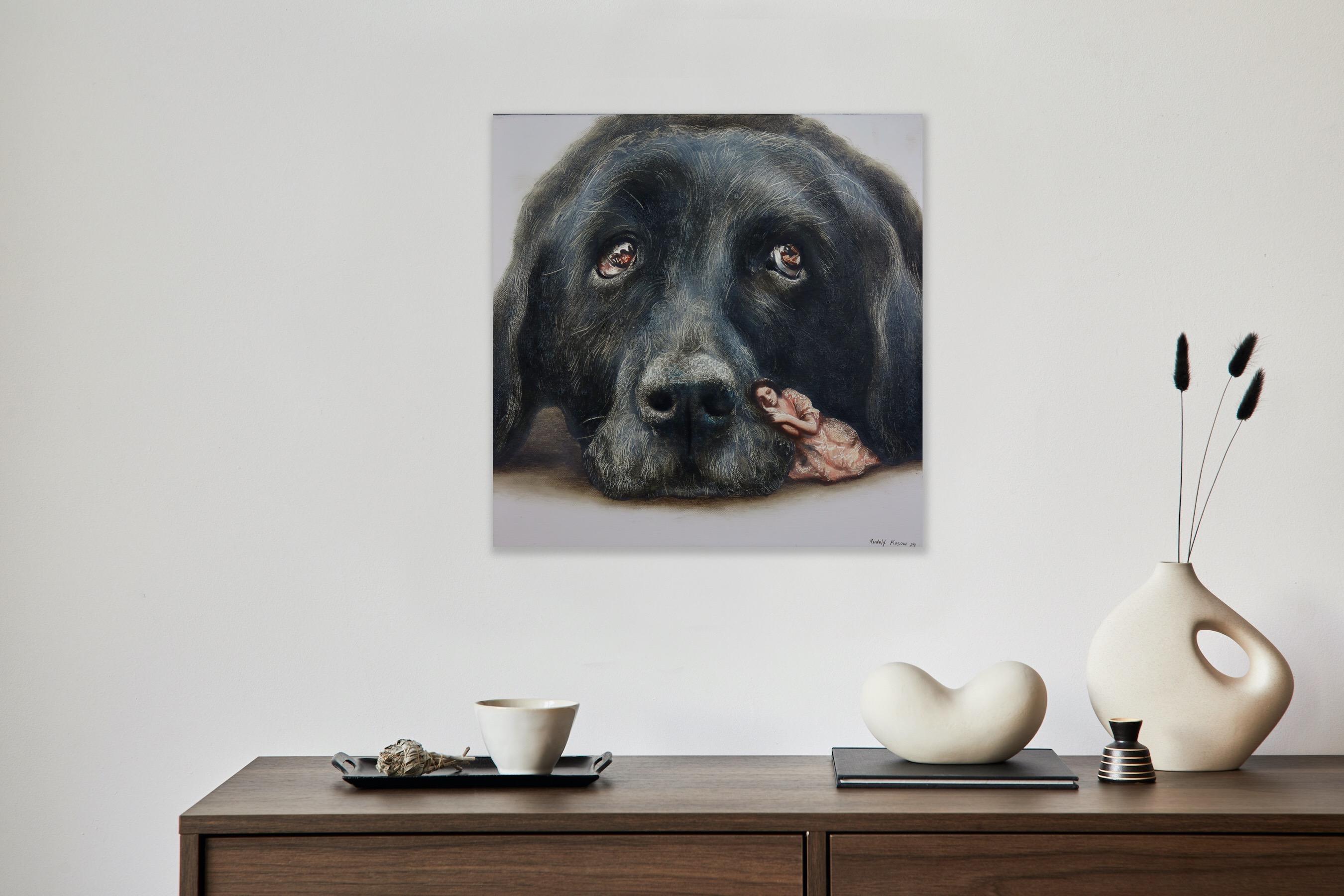 Hopeful (black labrador, dog pet, woman, vintage, animal, surrealist painting) For Sale 3