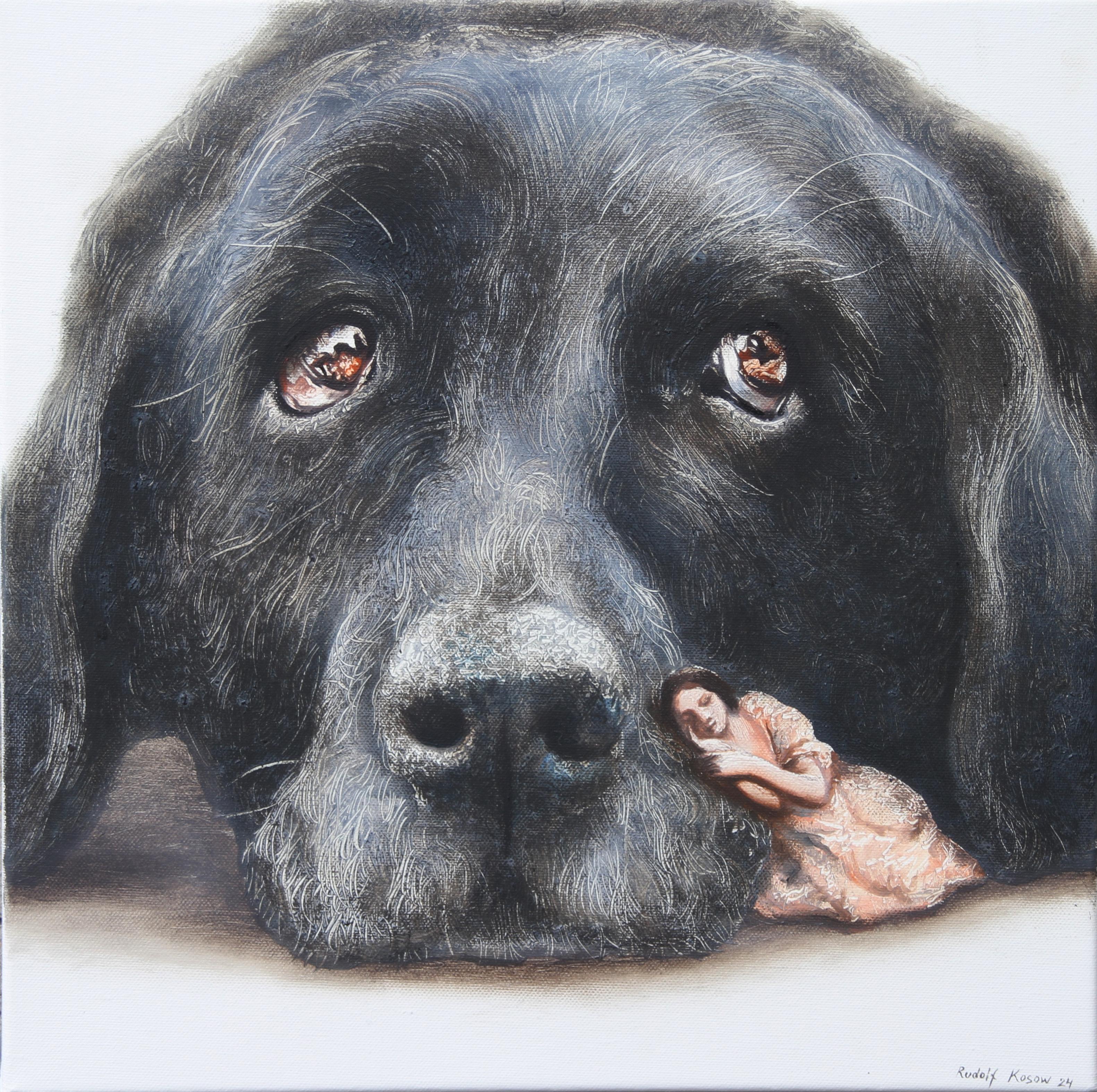 Hopeful (black labrador, dog pet, woman, vintage, animal, surrealist painting) - Painting by Rudolf Kosow