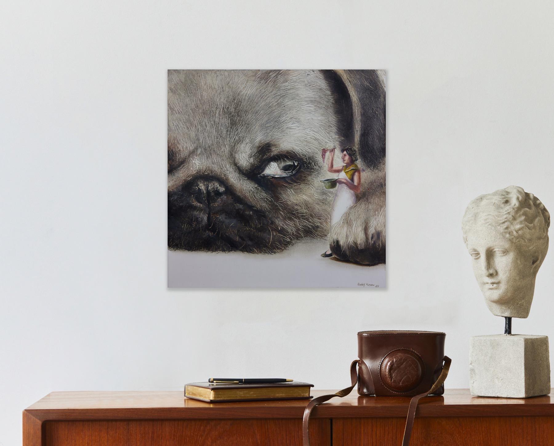 Hungry (pet dog, pug snout, cooking lady, animal art, surrealist oil painting) For Sale 8