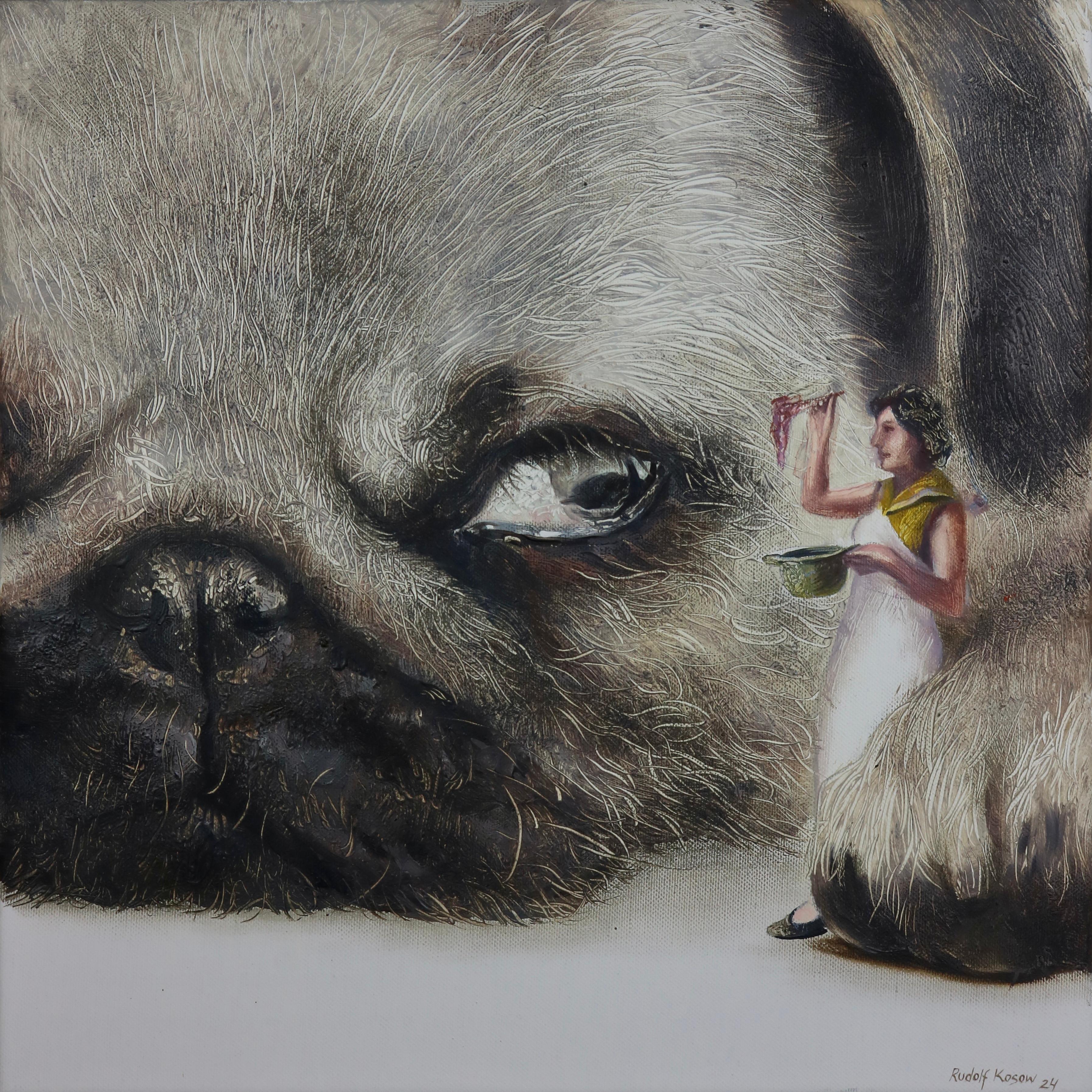 Rudolf Kosow Animal Painting - Hungry (pet dog, pug snout, cooking lady, animal art, surrealist oil painting)