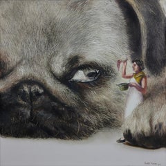 Hungry (pet dog, pug snout, cooking lady, animal art, surrealist oil painting)