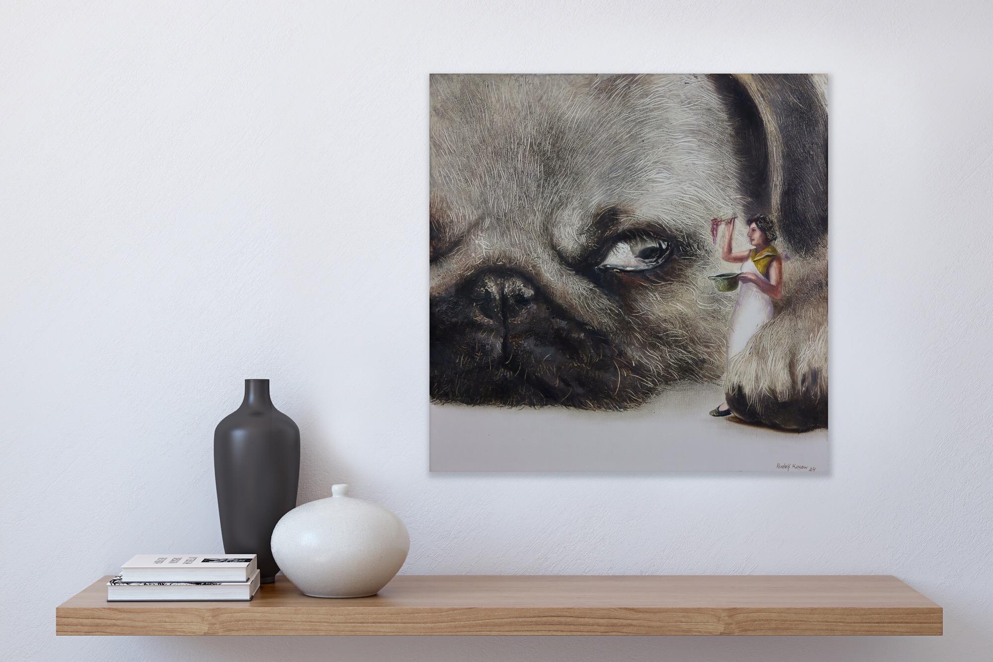 Hungry (pet dog, pug snout, cooking lady, animal art, surrealist oil painting) For Sale 2