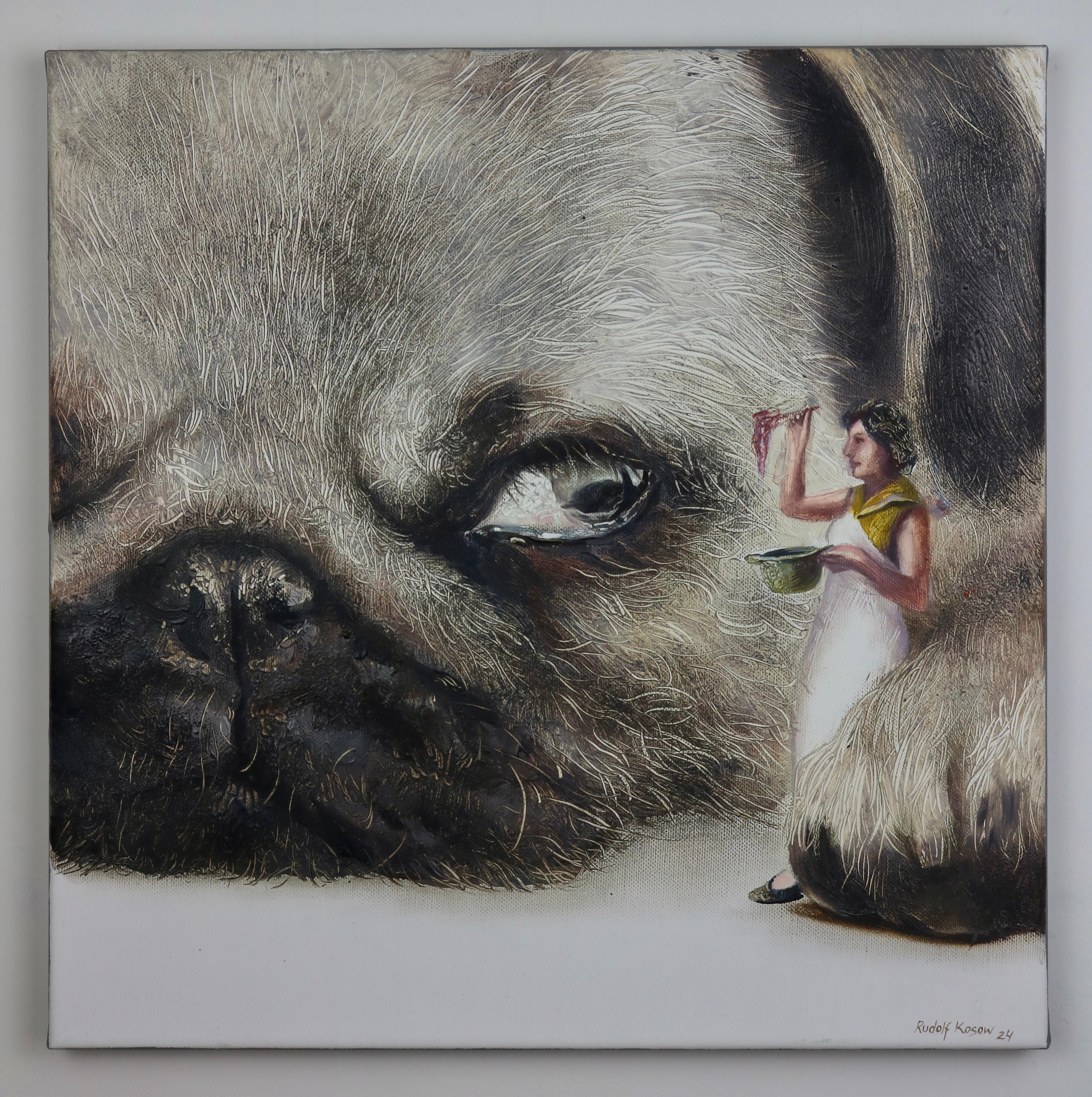 Hungry (pet dog, pug snout, cooking lady, animal art, surrealist oil painting) For Sale 1