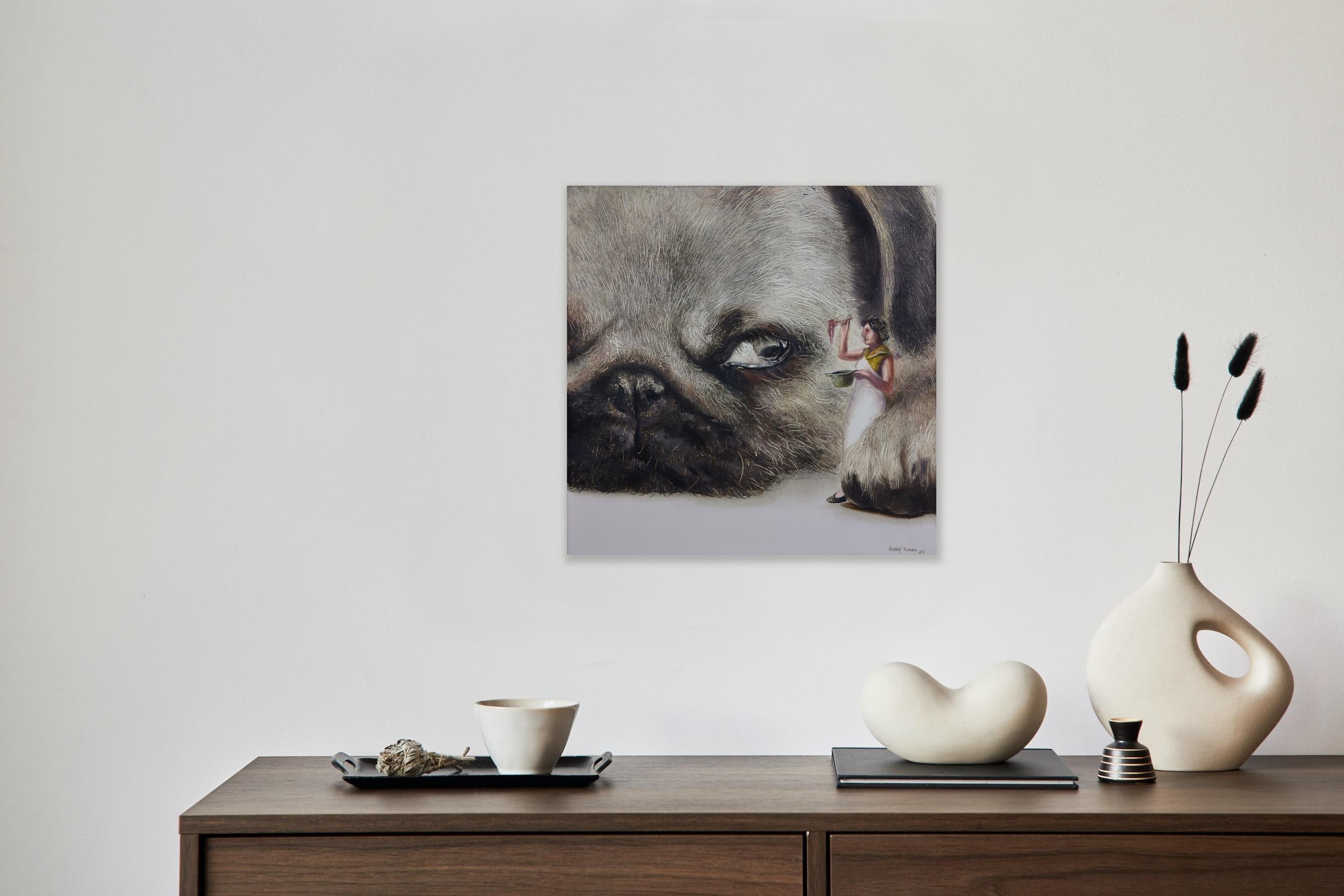 Hungry (pet dog, pug snout, cooking lady, animal art, surrealist oil painting) For Sale 4