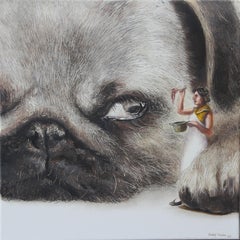 Hungry (pet dog, pug snout, cooking lady, animal art, surrealist oil painting)