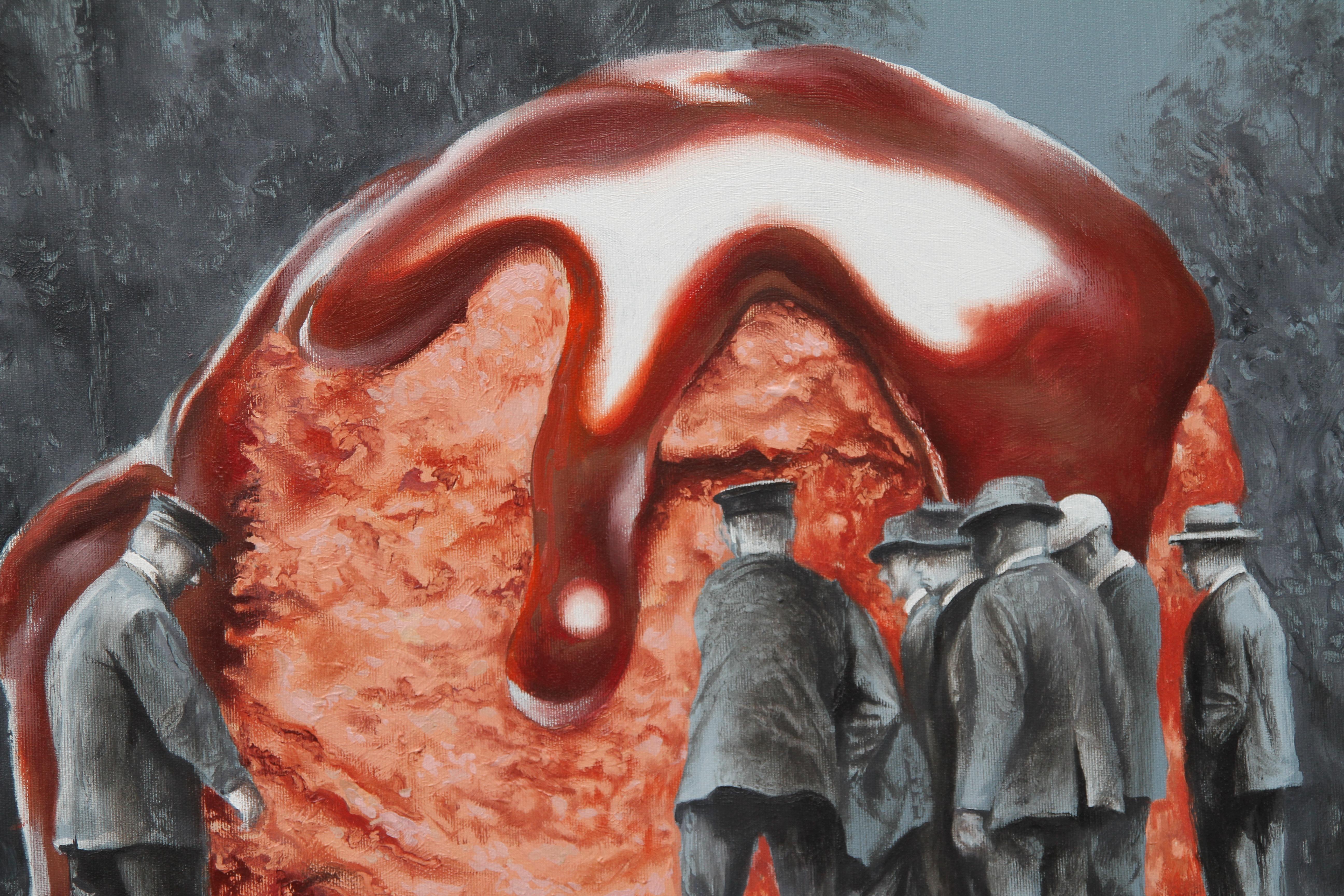 Ice case (ice cream surrealist oil painting grey monochrome vintage crime) - Painting by Rudolf Kosow