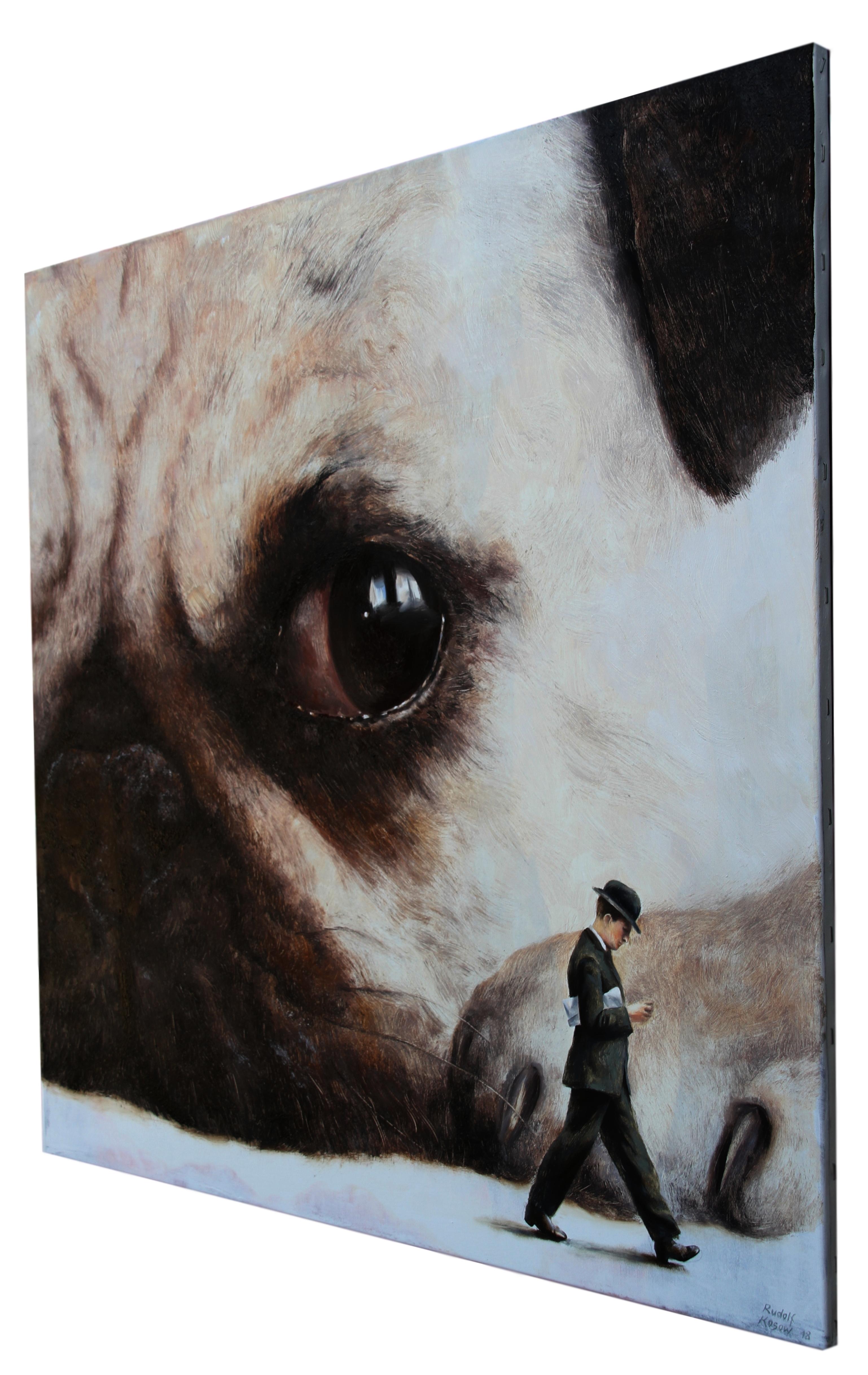 Incident (Pug face dog man's best friend vintage oil painting surreal - Painting by Rudolf Kosow