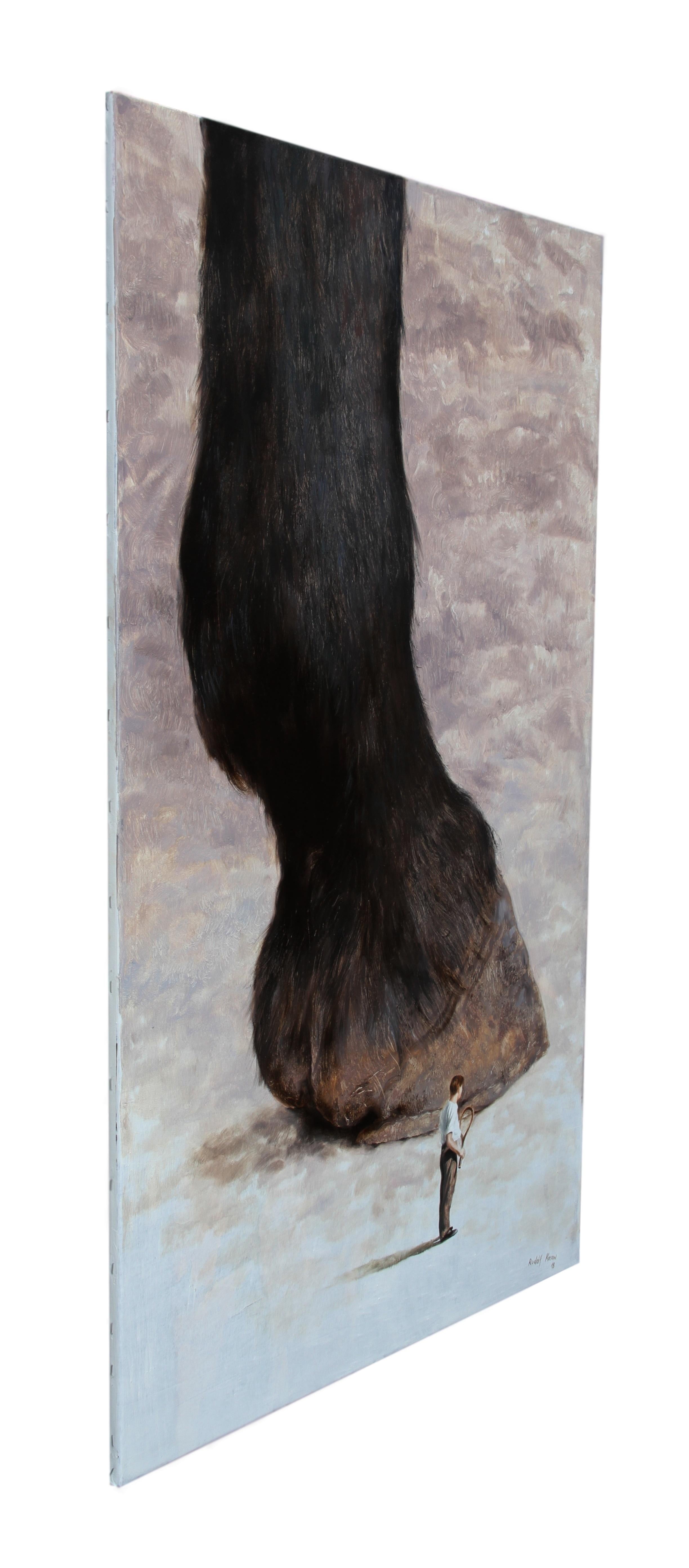 Incident (horse leg equestrian man surrealistic farm animal tennis brown art) - Surrealist Painting by Rudolf Kosow