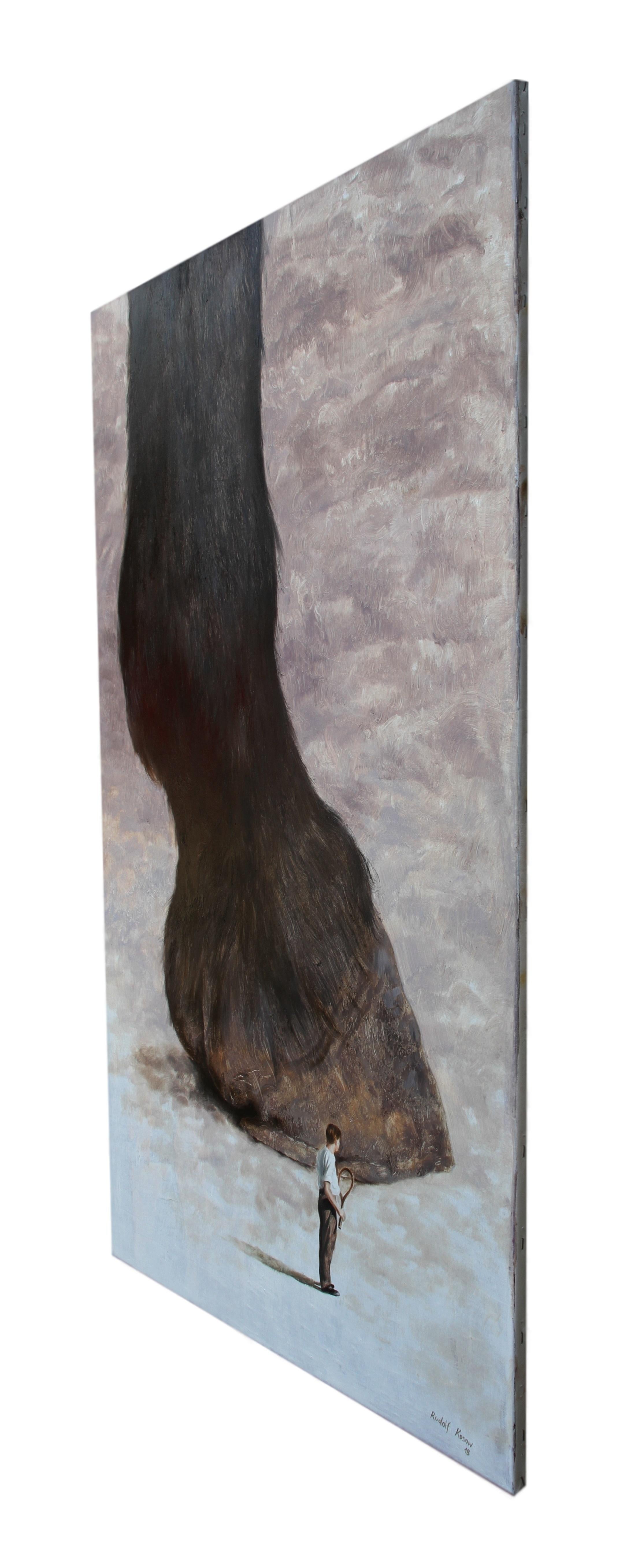 Incident (horse leg equestrian man surrealistic farm animal tennis brown art) - Gray Animal Painting by Rudolf Kosow