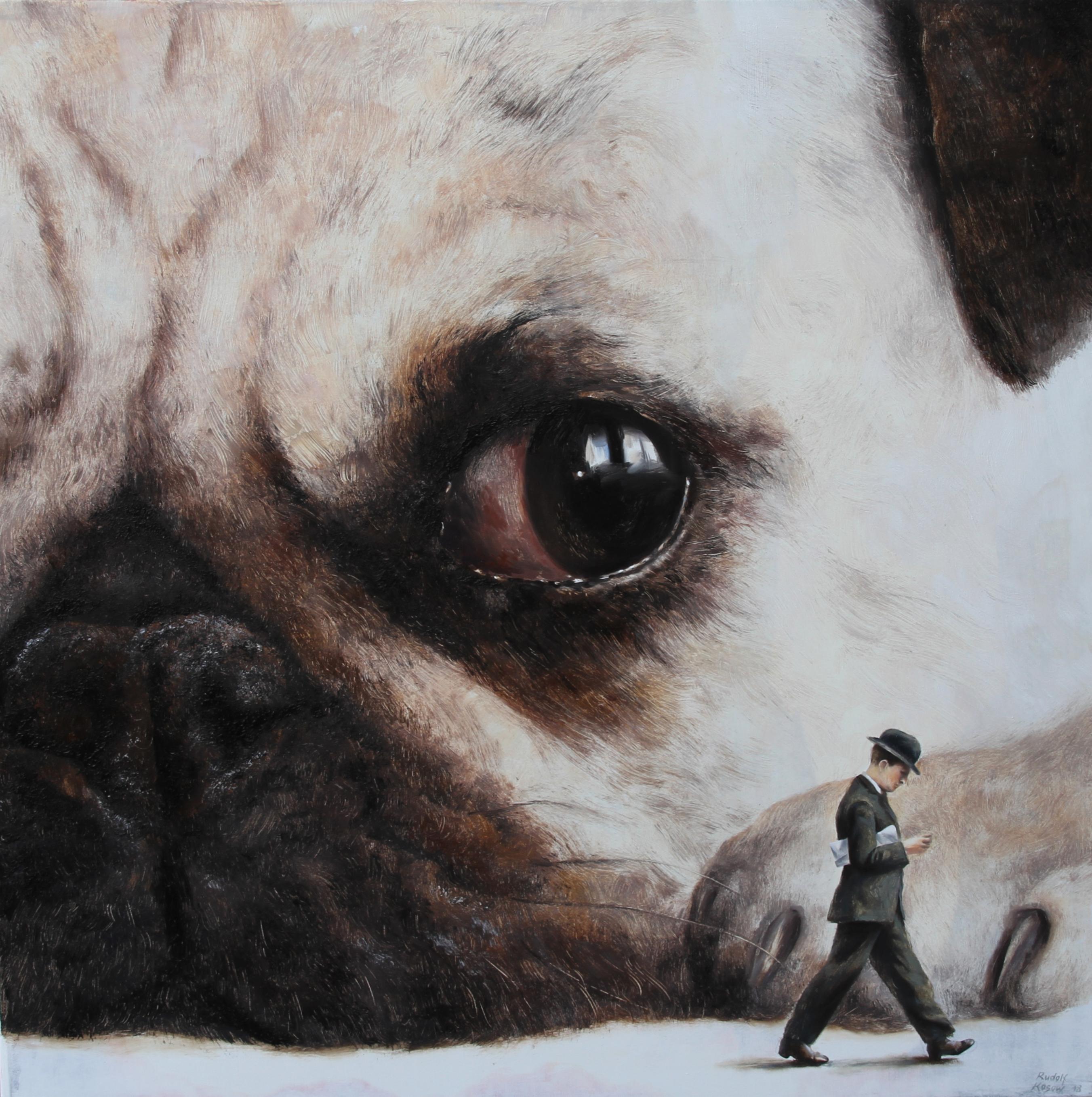 Rudolf Kosow Animal Painting - Incident (Pug face dog man's best friend vintage oil painting surreal