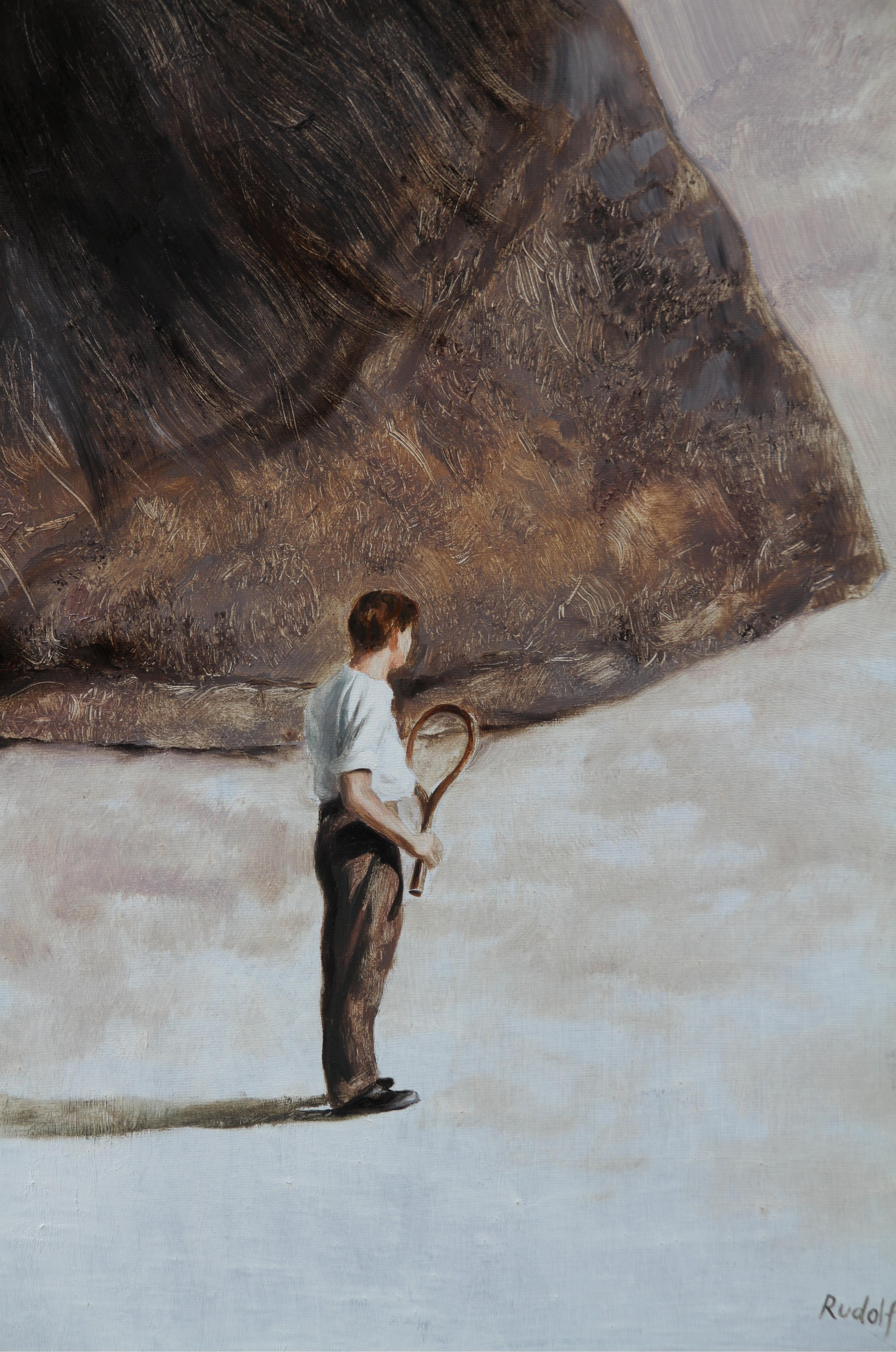 Incident II (jambe de cheval sabot équestre homme surréaliste animal tennis art brun) - Painting de Rudolf Kosow