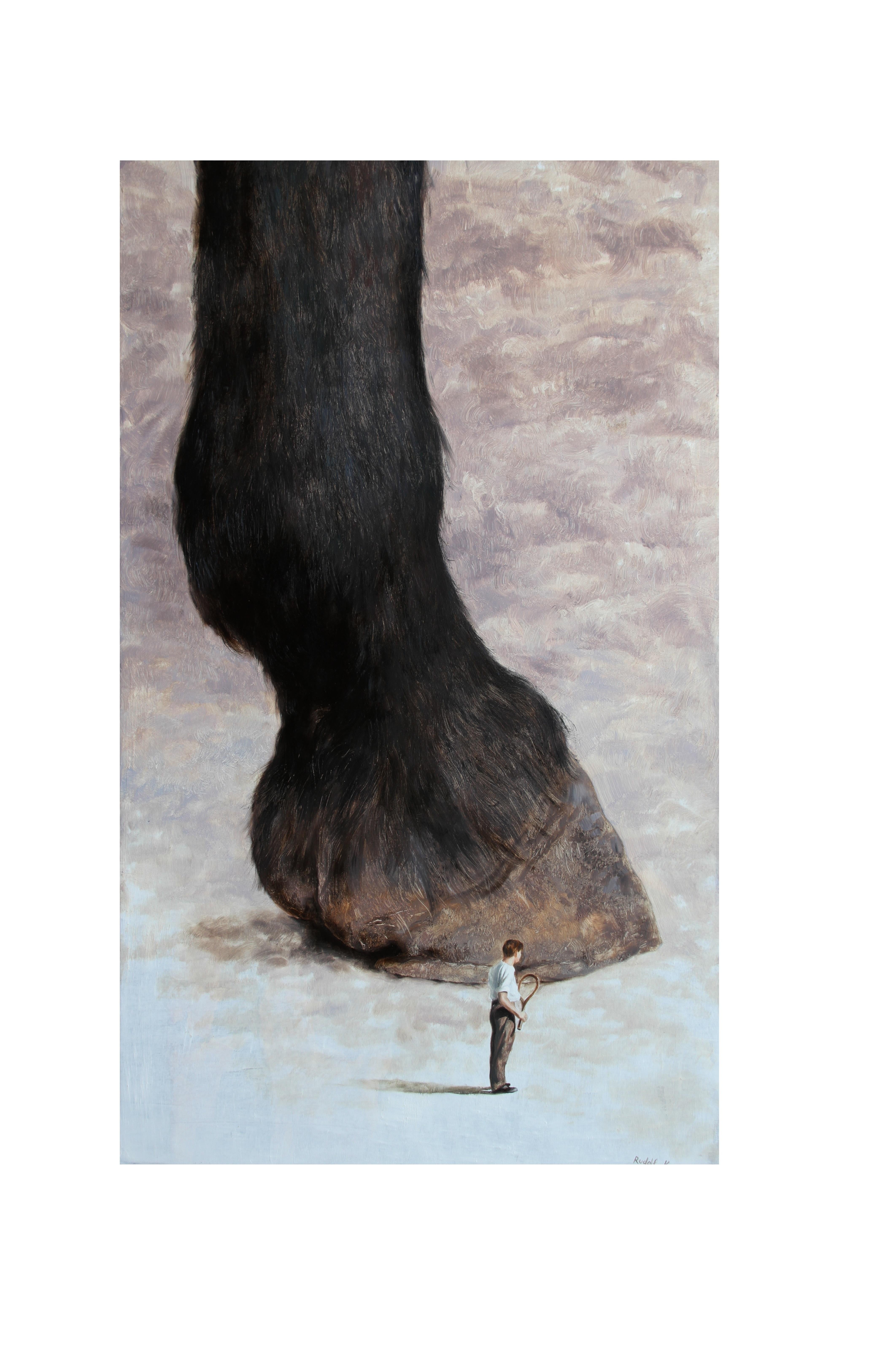 Incident II (jambe de cheval sabot équestre homme surréaliste animal tennis art brun) - Gris Figurative Painting par Rudolf Kosow