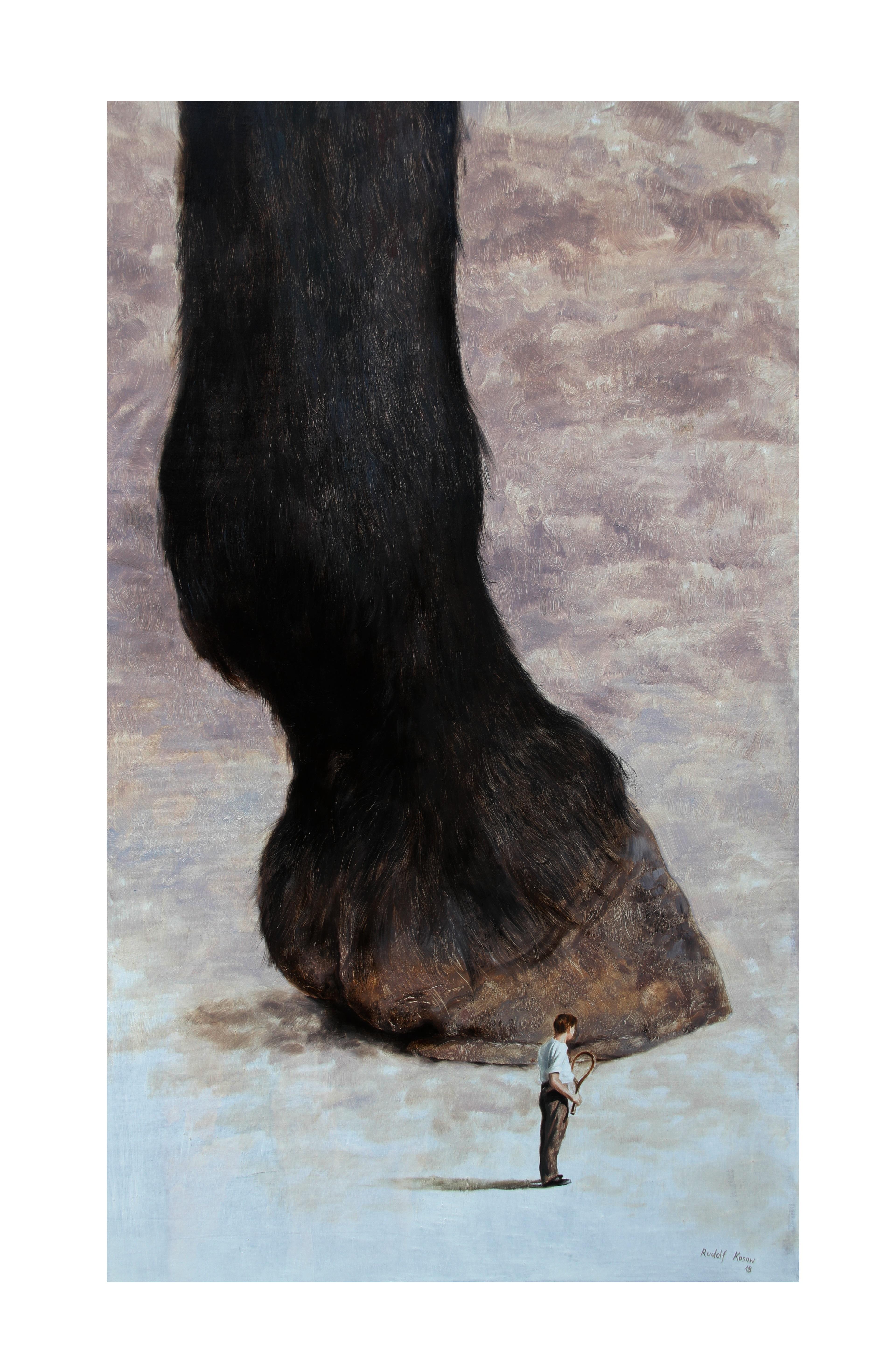Figurative Painting Rudolf Kosow - Incident II (jambe de cheval sabot équestre homme surréaliste animal tennis art brun)