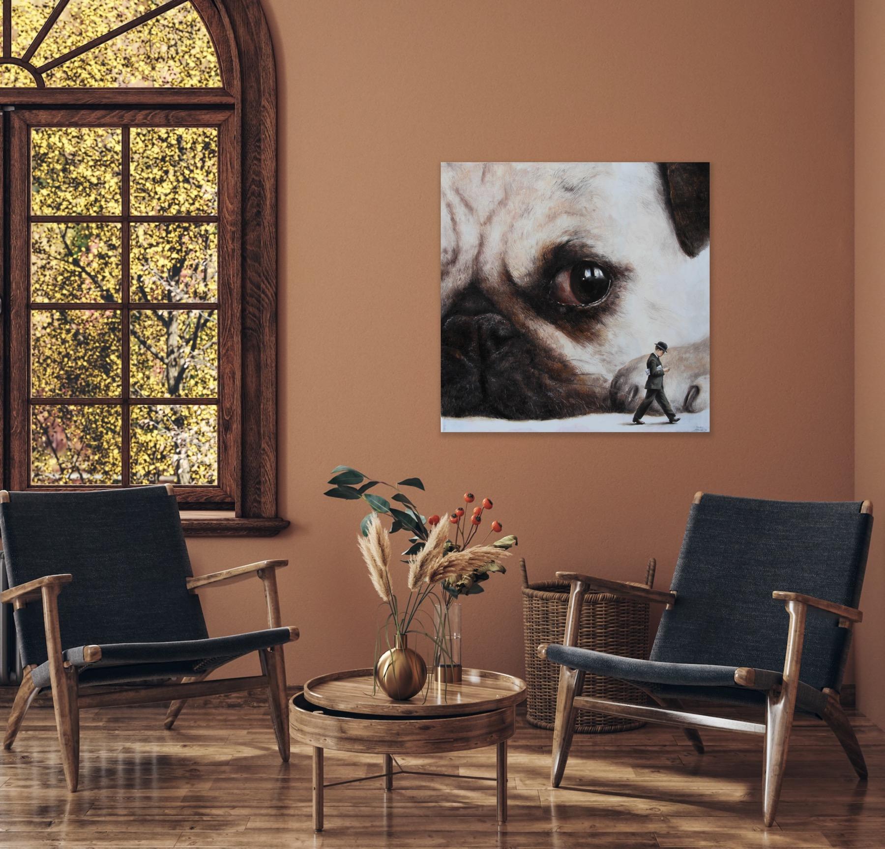 Incident II (Pug face dog man's best friend vintage oil painting surreal) For Sale 7