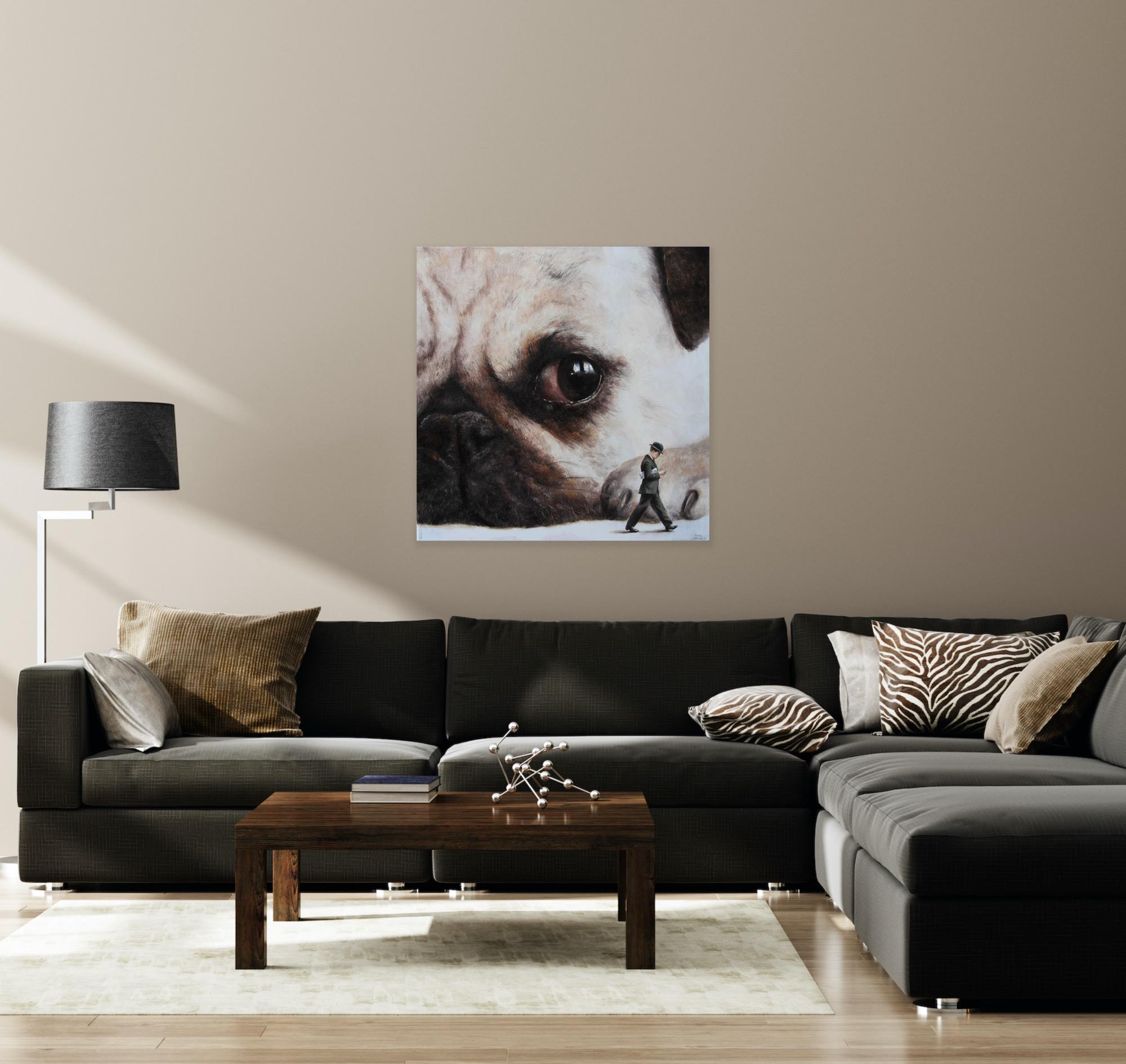 Incident II (Pug face dog man's best friend vintage oil painting surreal) For Sale 12