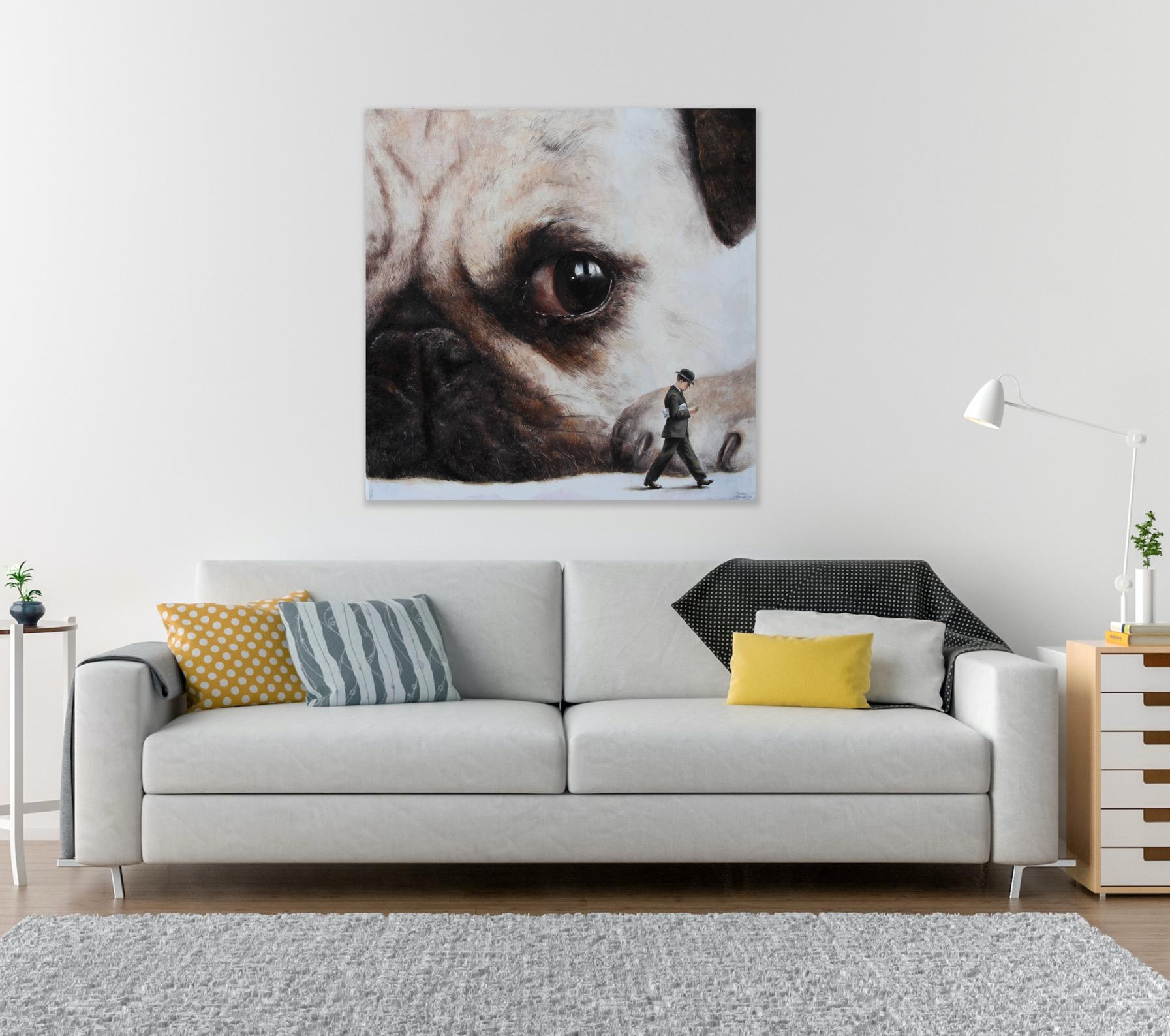 Incident II (Pug face dog man's best friend vintage oil painting surreal) - Gray Animal Painting by Rudolf Kosow