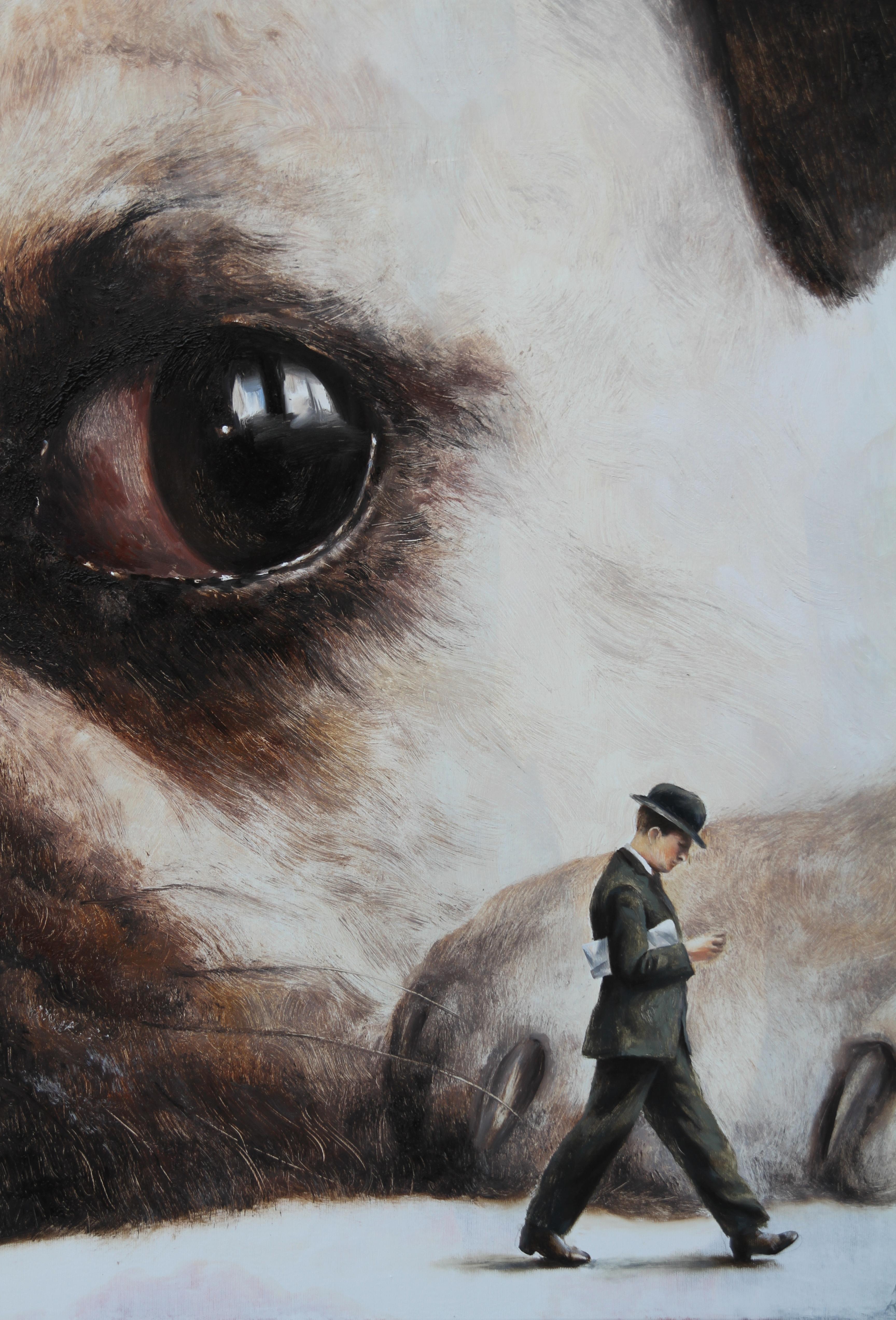 Incident II (Pug face dog man's best friend vintage oil painting surreal) - Surrealist Painting by Rudolf Kosow