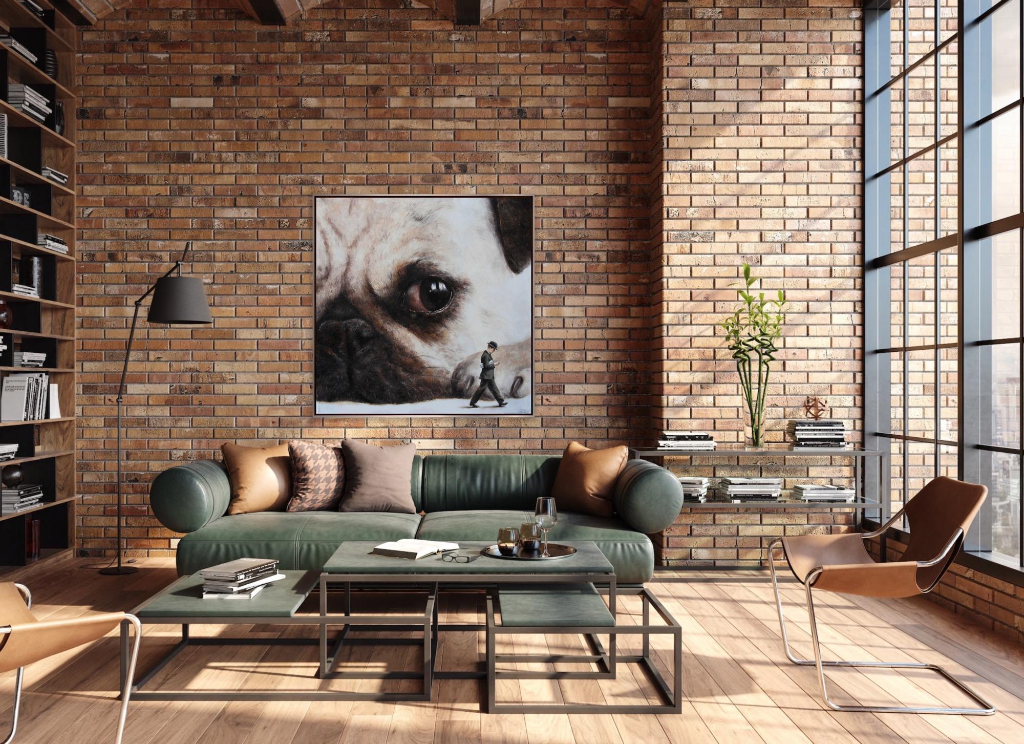 Incident II (Pug face dog man's best friend vintage oil painting surreal) For Sale 1