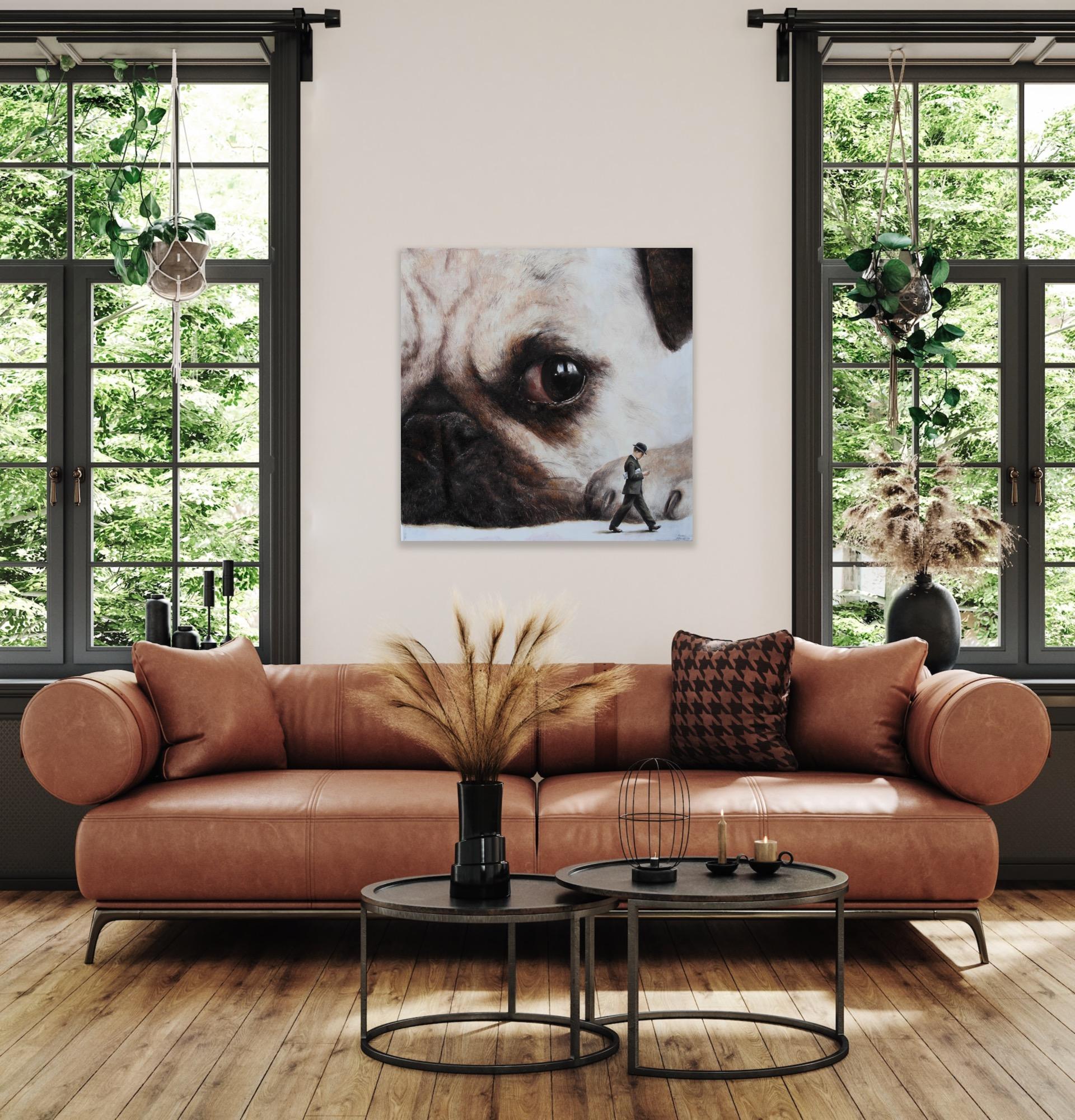 Incident II (Pug face dog man's best friend vintage oil painting surreal) For Sale 2